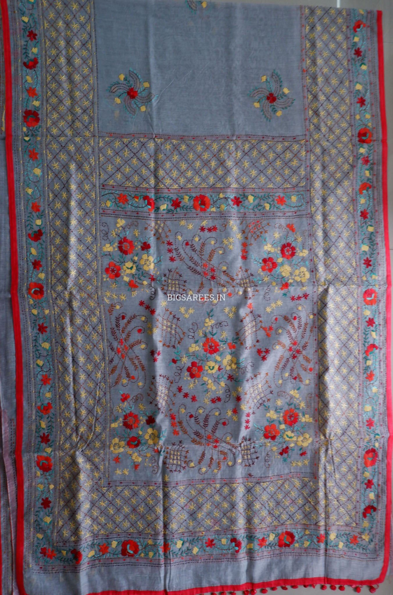 Phulkari Hand-Embroidered Saree | Chanderi Silk | Grey