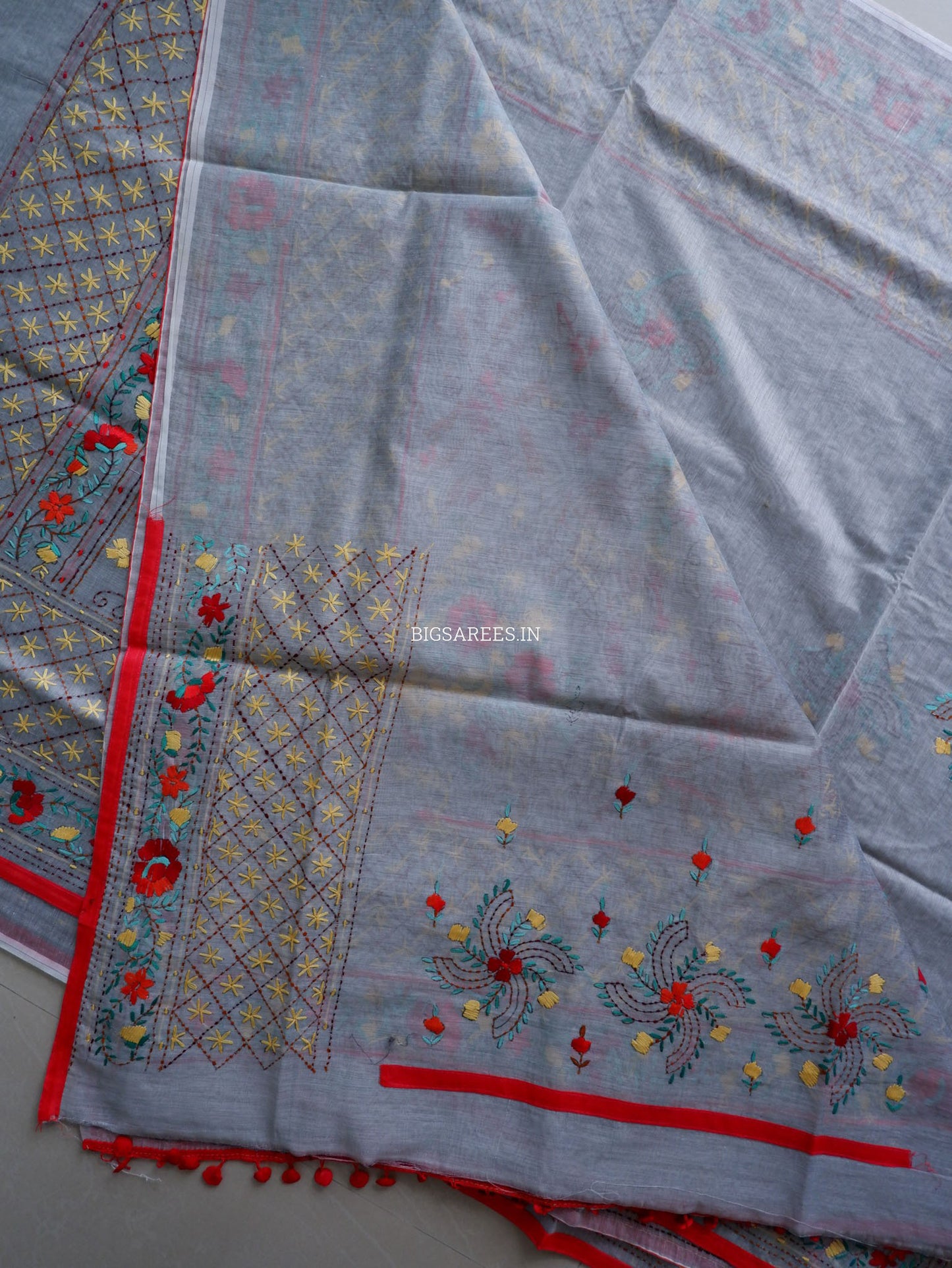 Phulkari Hand-Embroidered Saree | Chanderi Silk | Grey