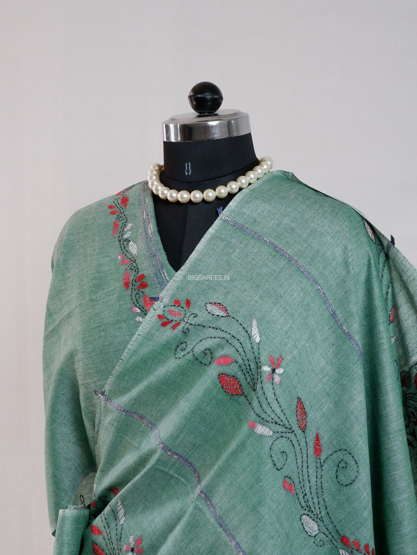 Kantha Stitch Hand-Embroidered Saree | Pure Khesh Cotton | Greyish Teal
