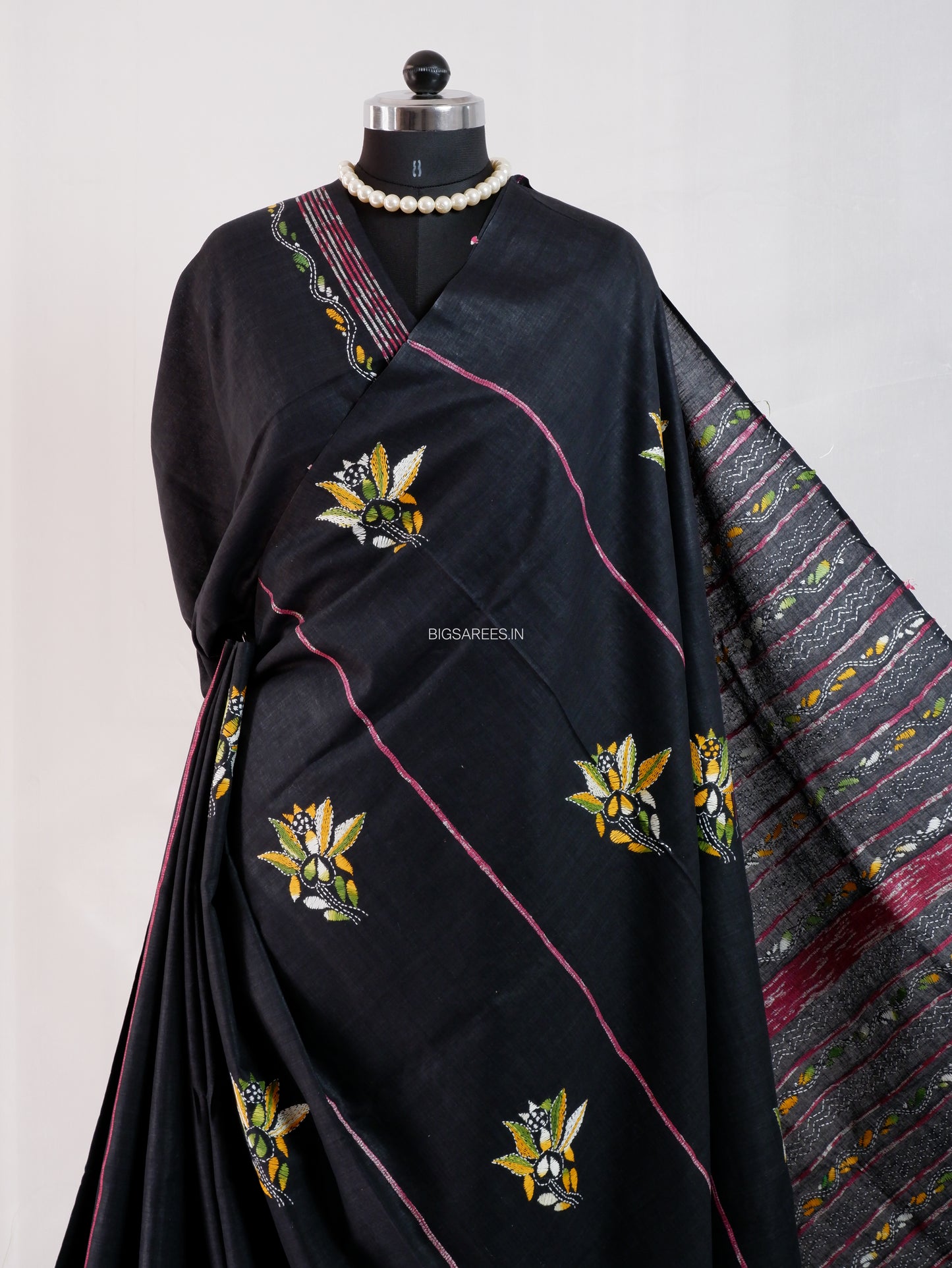 Kantha Stitch Hand-Embroidered Saree | Pure Khesh Cotton | Black