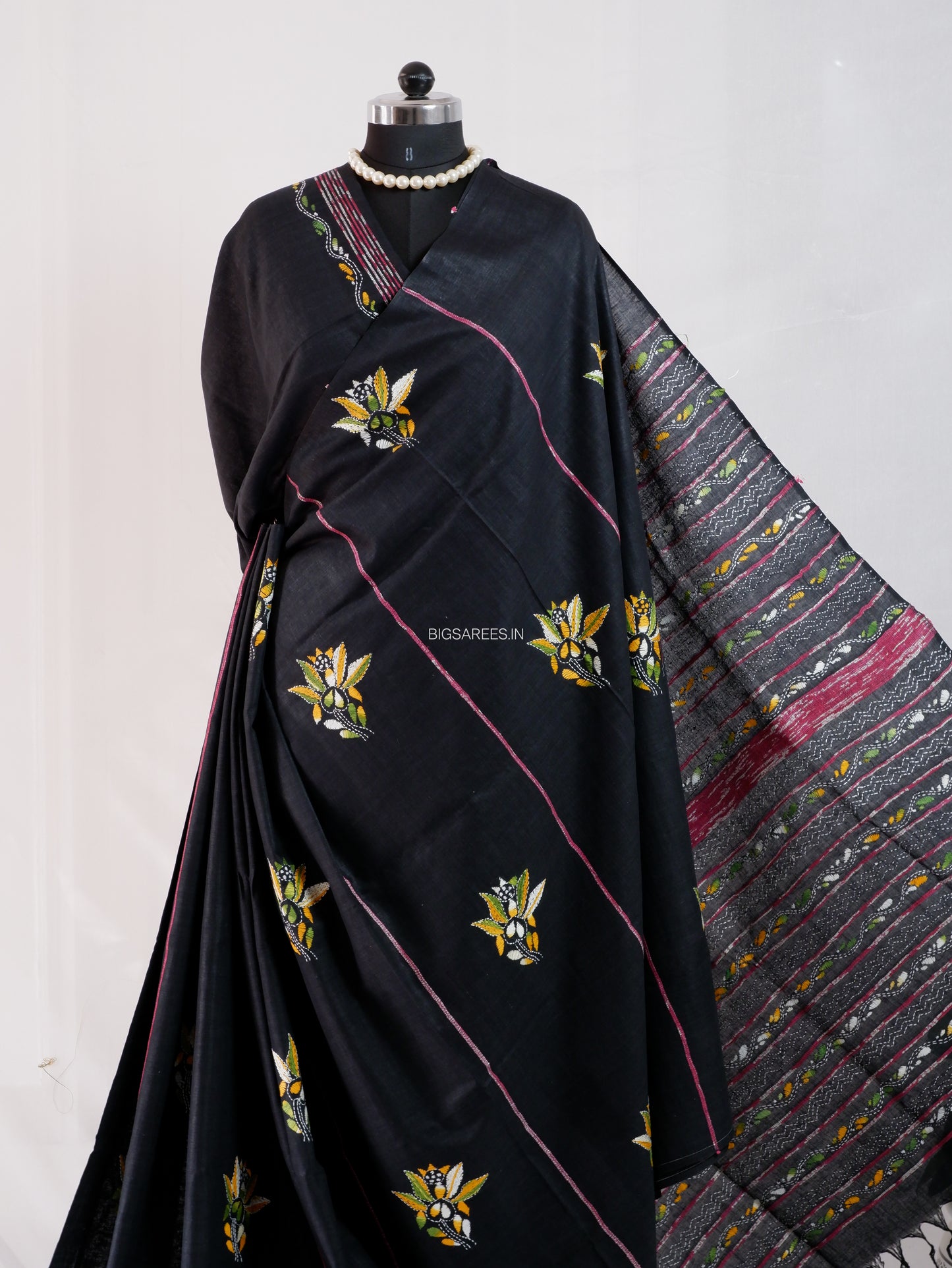 Kantha Stitch Hand-Embroidered Saree | Pure Khesh Cotton | Black