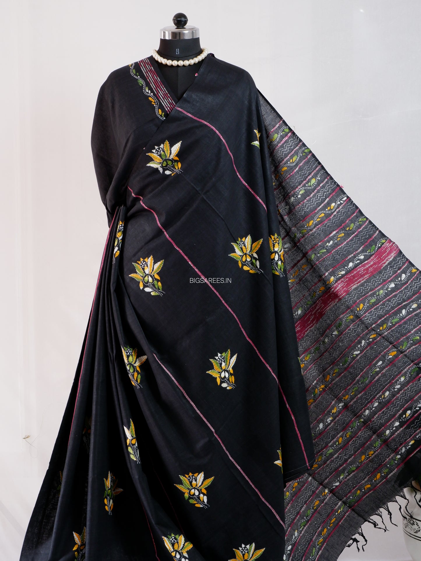 Kantha Stitch Hand-Embroidered Saree | Pure Khesh Cotton | Black
