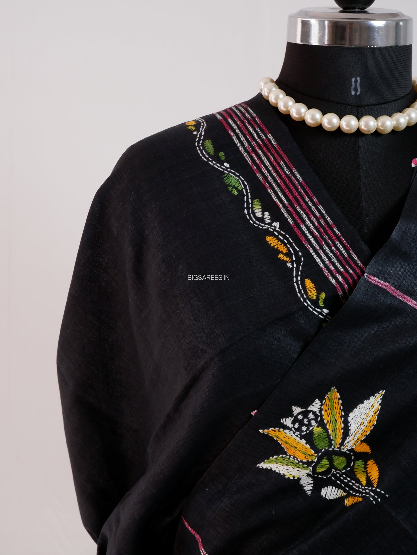 Kantha Stitch Hand-Embroidered Saree | Pure Khesh Cotton | Black