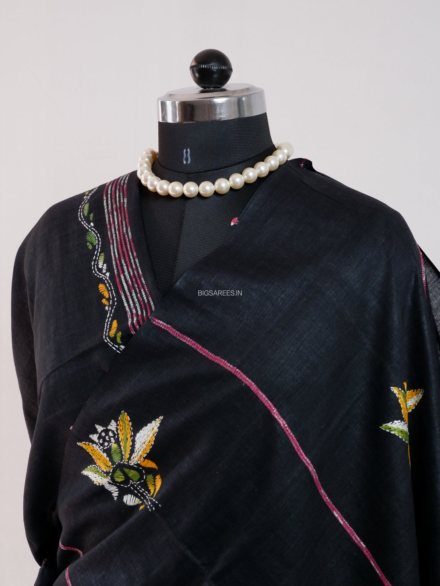 Kantha Stitch Hand-Embroidered Saree | Pure Khesh Cotton | Black
