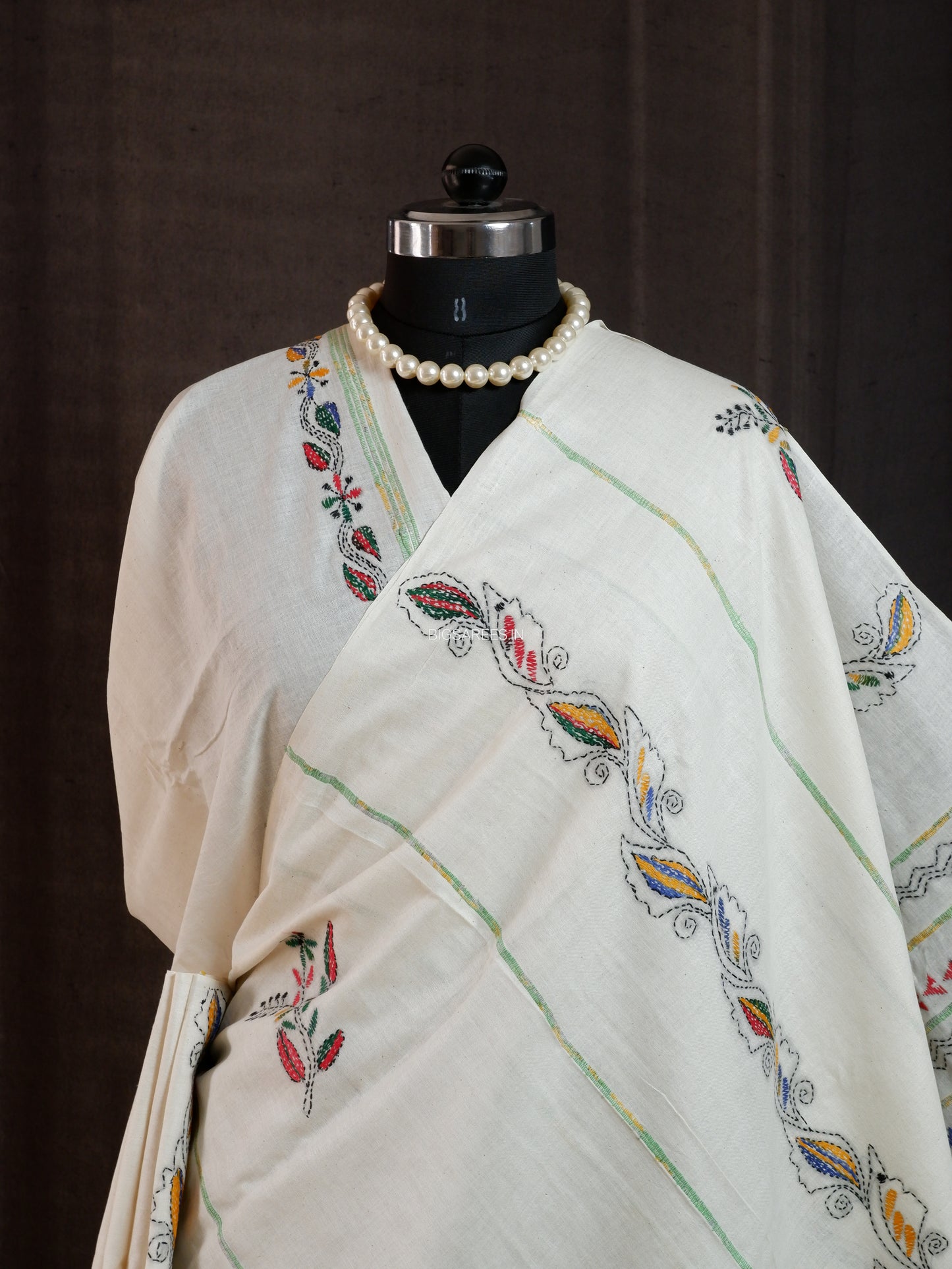 Kantha Stitch Hand-Embroidered Saree | Pure Khesh Cotton | White