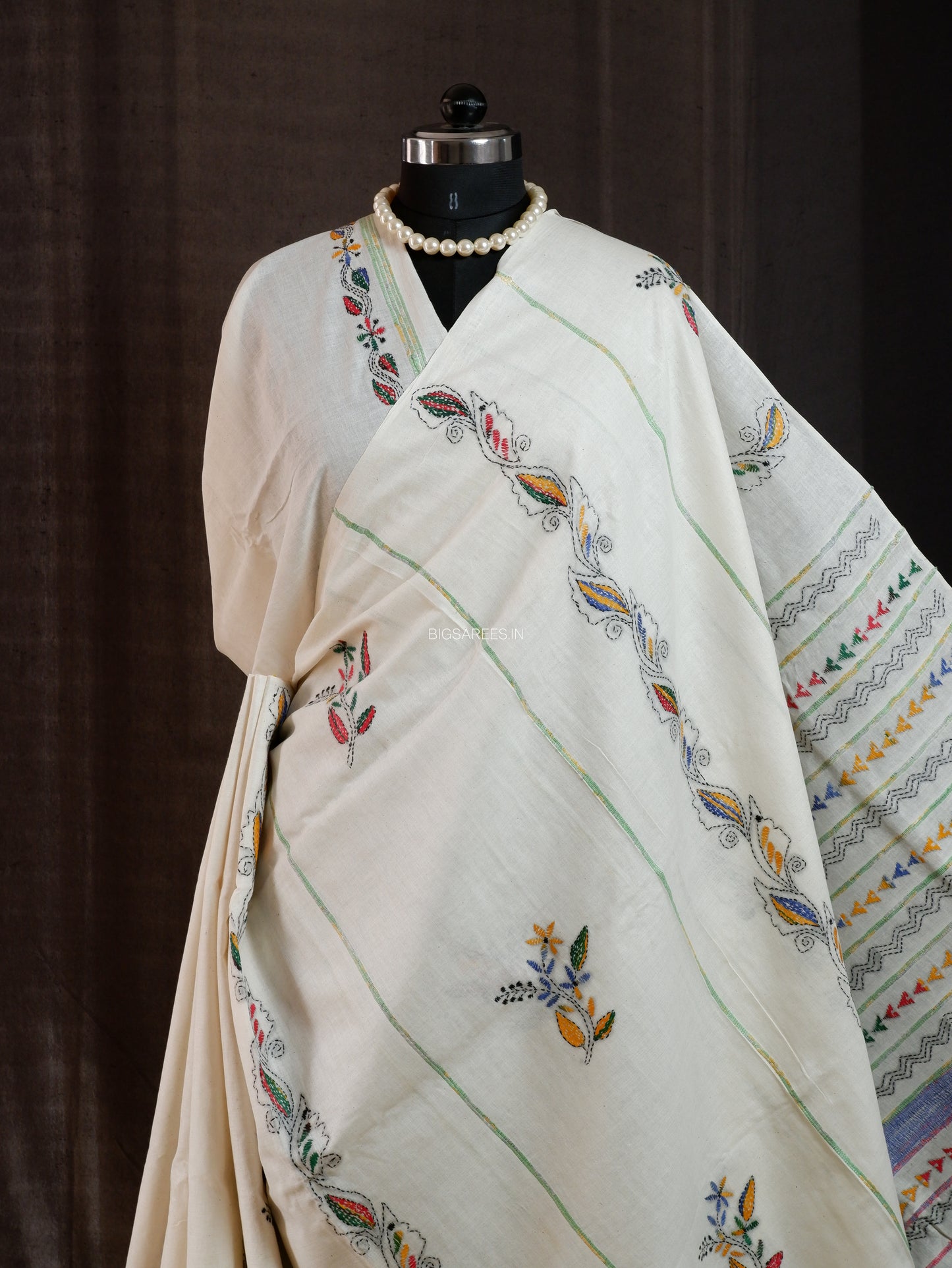Kantha Stitch Hand-Embroidered Saree | Pure Khesh Cotton | White