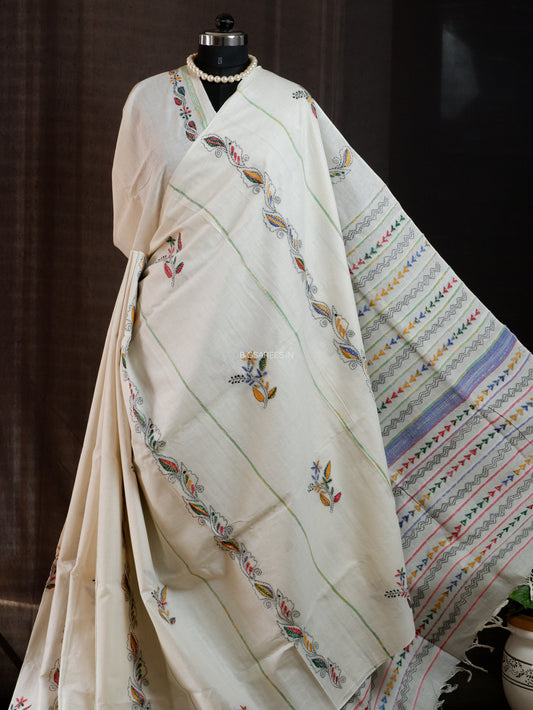 Kantha Stitch Hand-Embroidered Saree | Pure Khesh Cotton | White