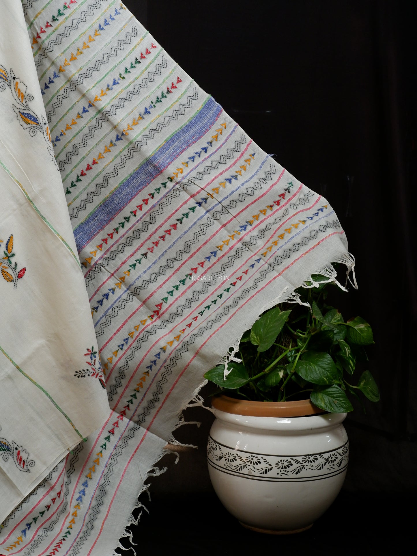 Kantha Stitch Hand-Embroidered Saree | Pure Khesh Cotton | White