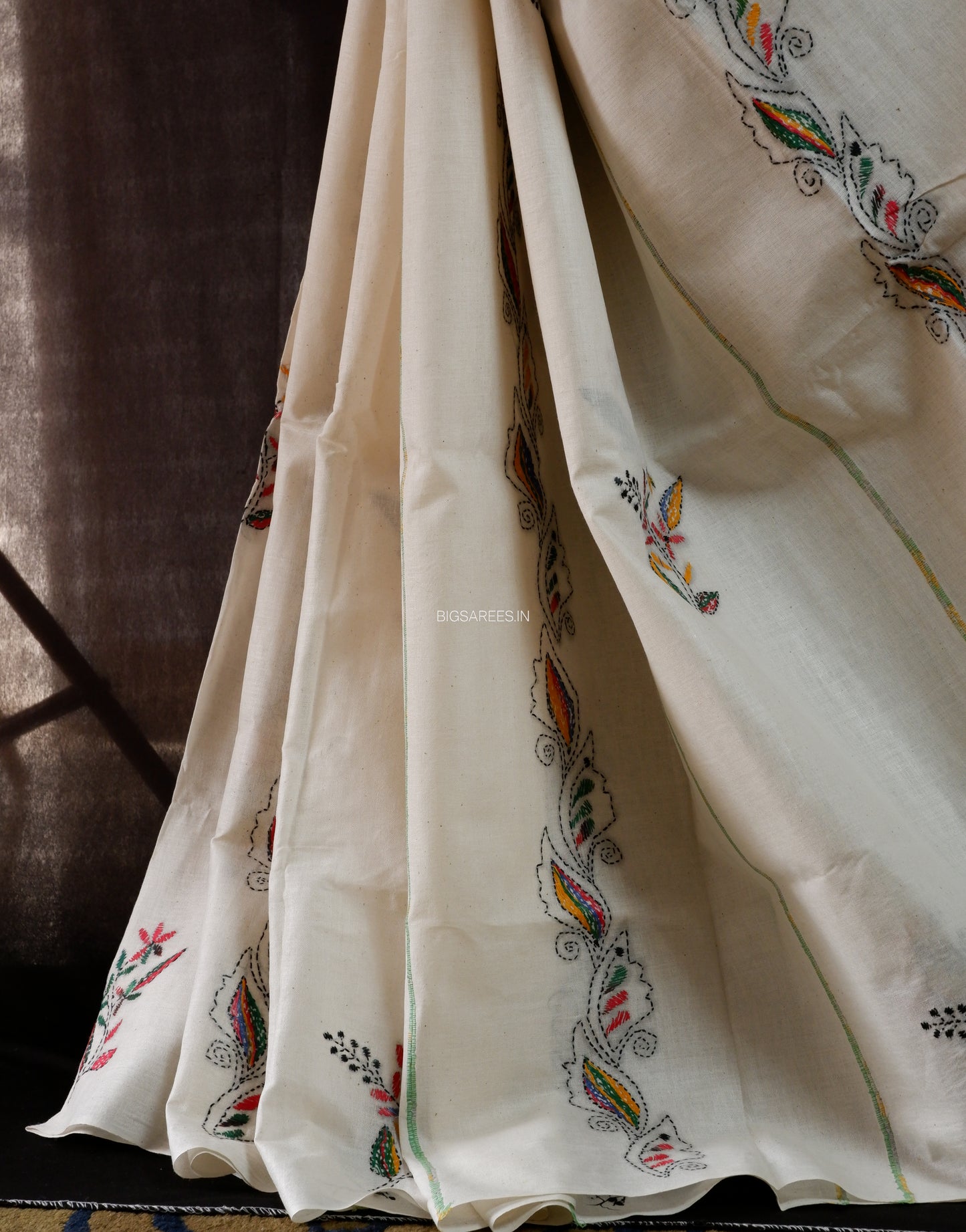 Kantha Stitch Hand-Embroidered Saree | Pure Khesh Cotton | White