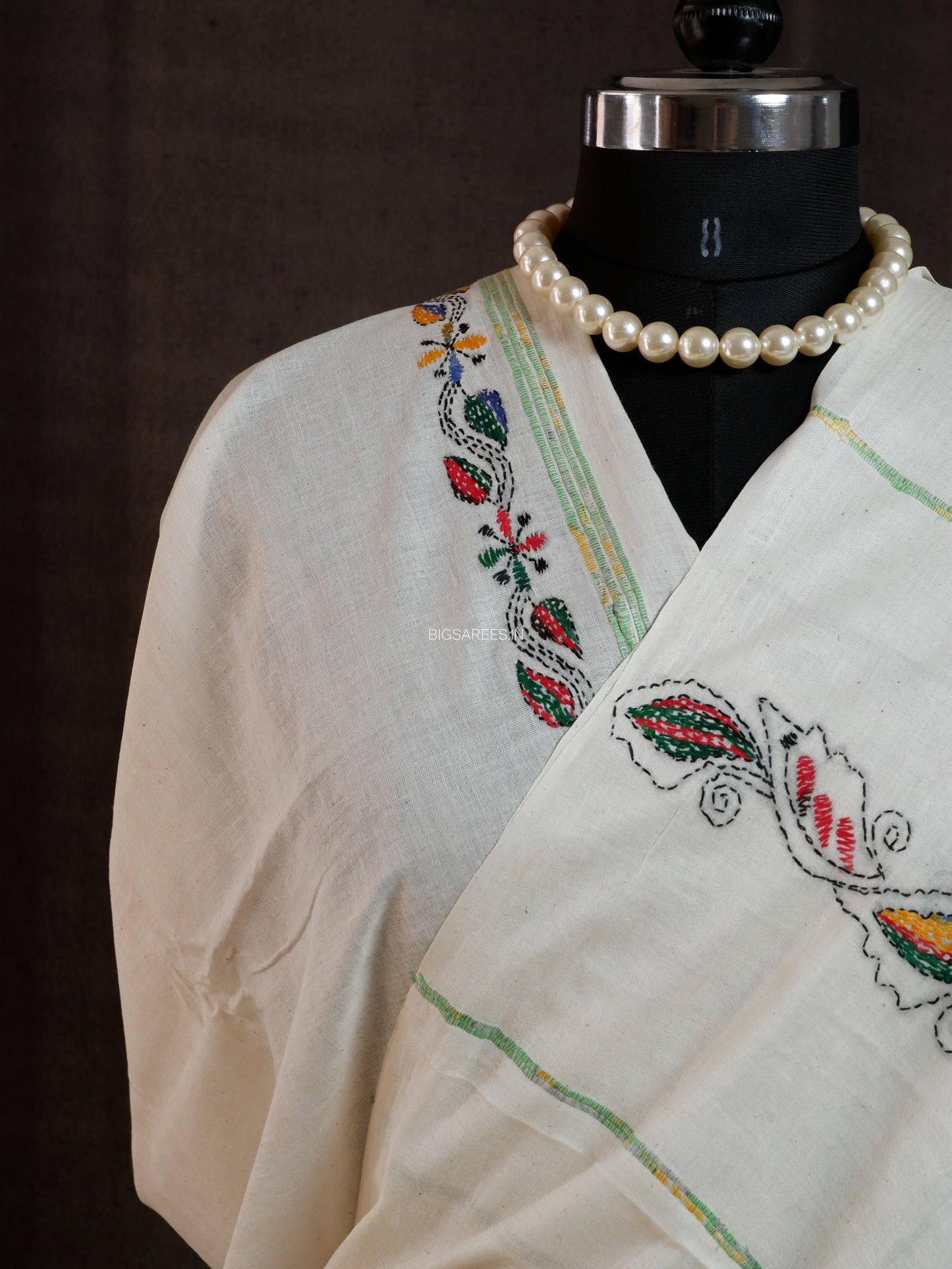 Kantha Stitch Hand-Embroidered Saree | Pure Khesh Cotton | White