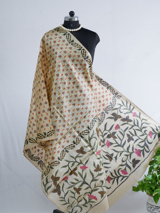 Kantha Hand-Embroidered Dupatta | Tussar Silk | Beige