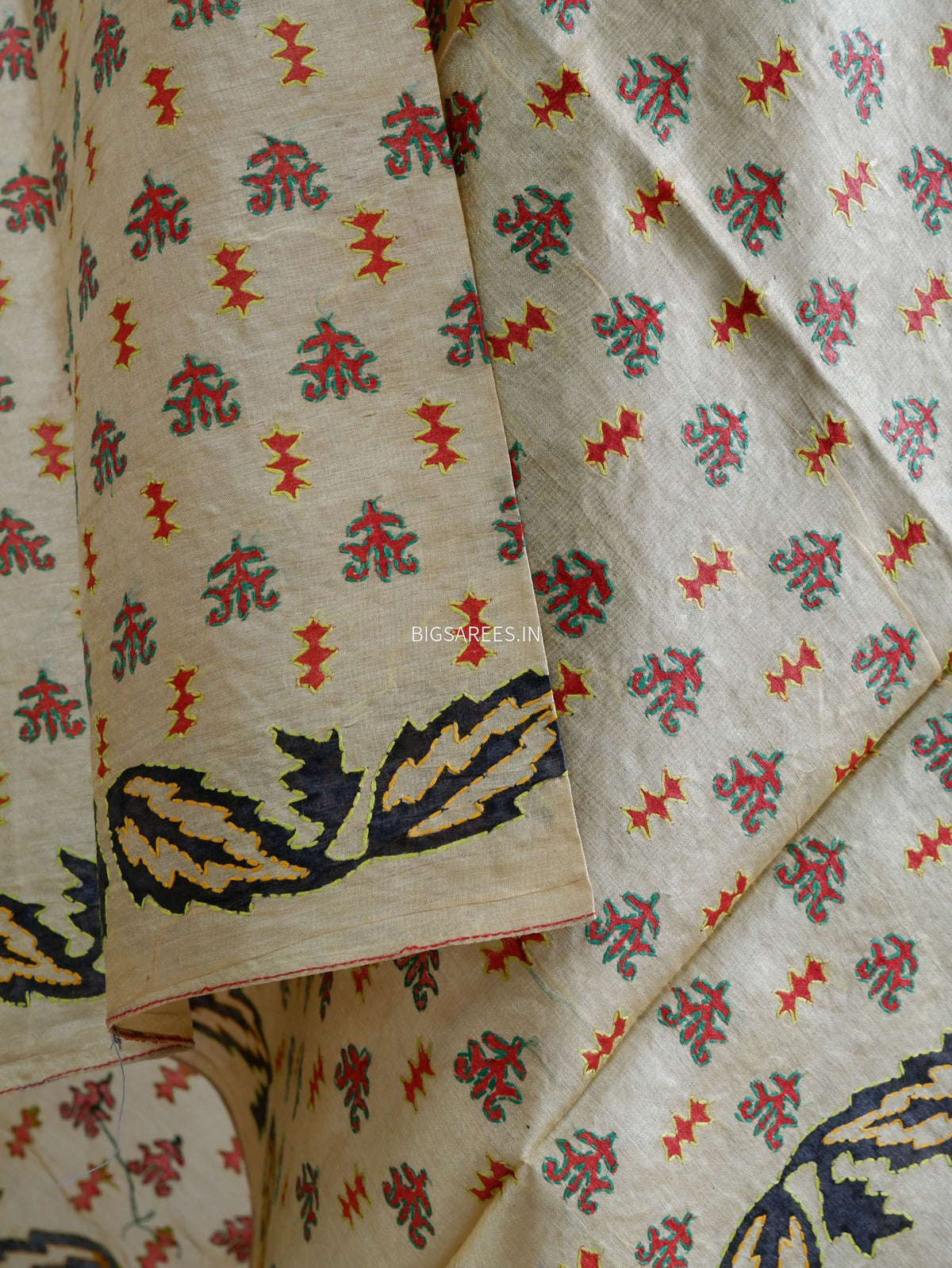 Kantha Hand-Embroidered Dupatta | Tussar Silk | Beige