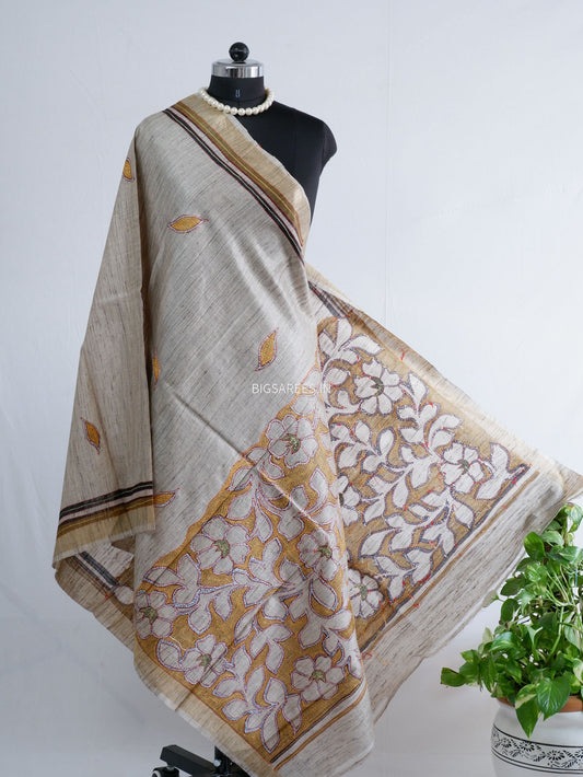 Kantha Hand-Embroidered Dupatta | Tussar Silk |