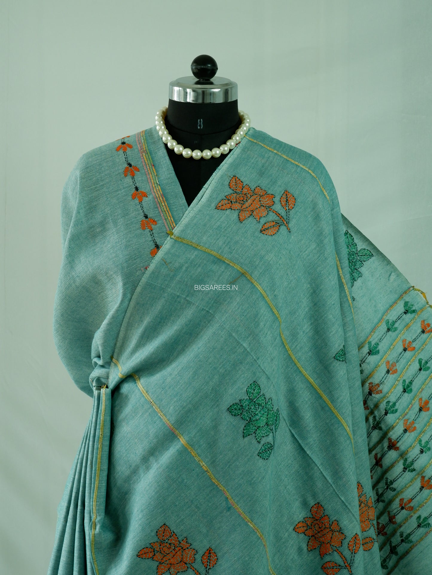 Kantha Stitch Hand-Embroidered Saree | Pure Khesh Cotton | Jade Green