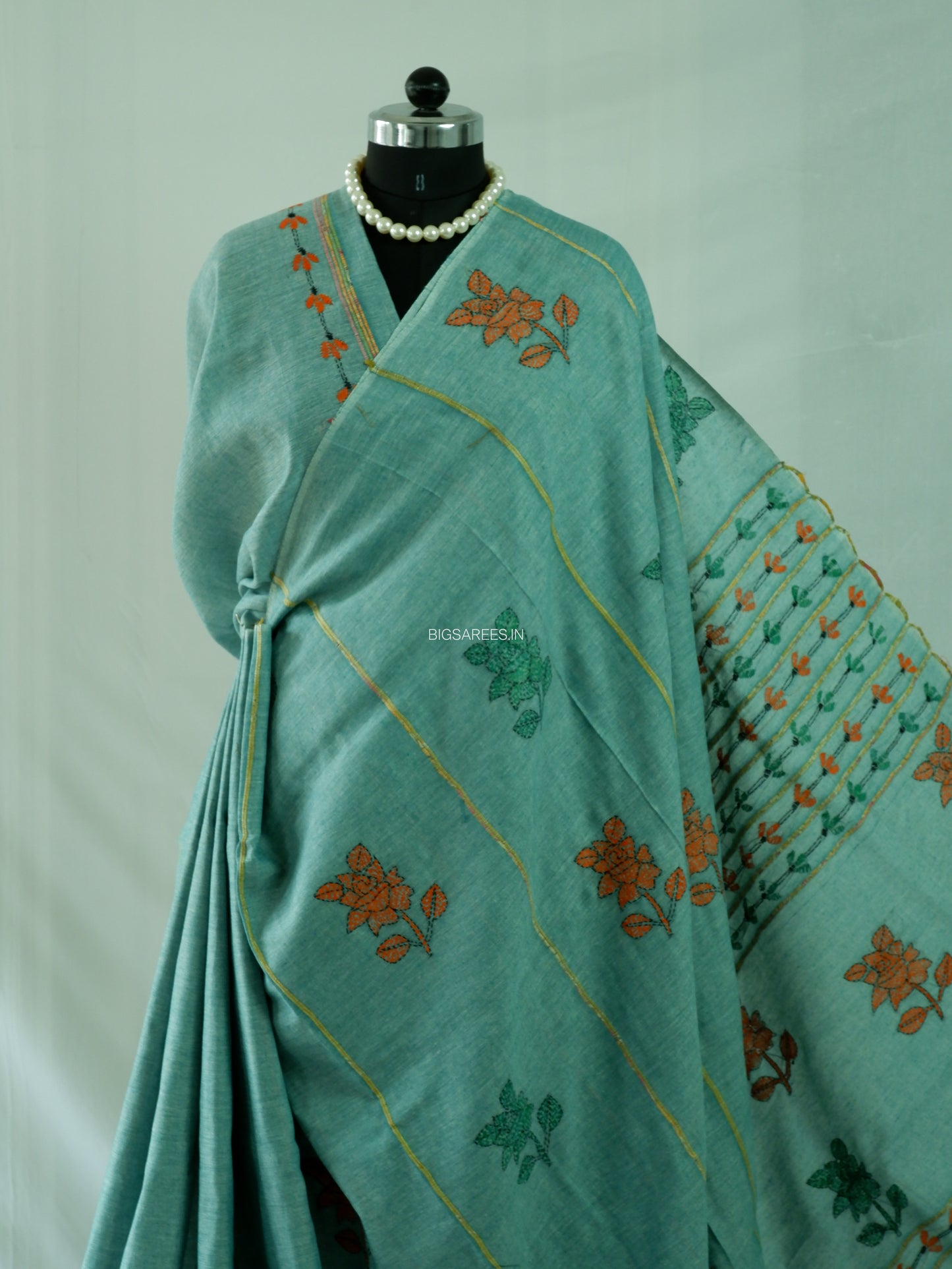 Kantha Stitch Hand-Embroidered Saree | Pure Khesh Cotton | Jade Green