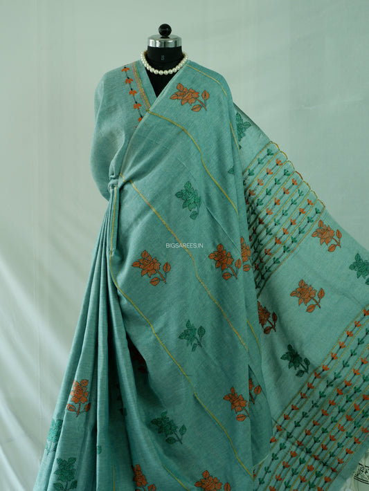 Kantha Stitch Hand-Embroidered Saree | Pure Khesh Cotton | Jade Green