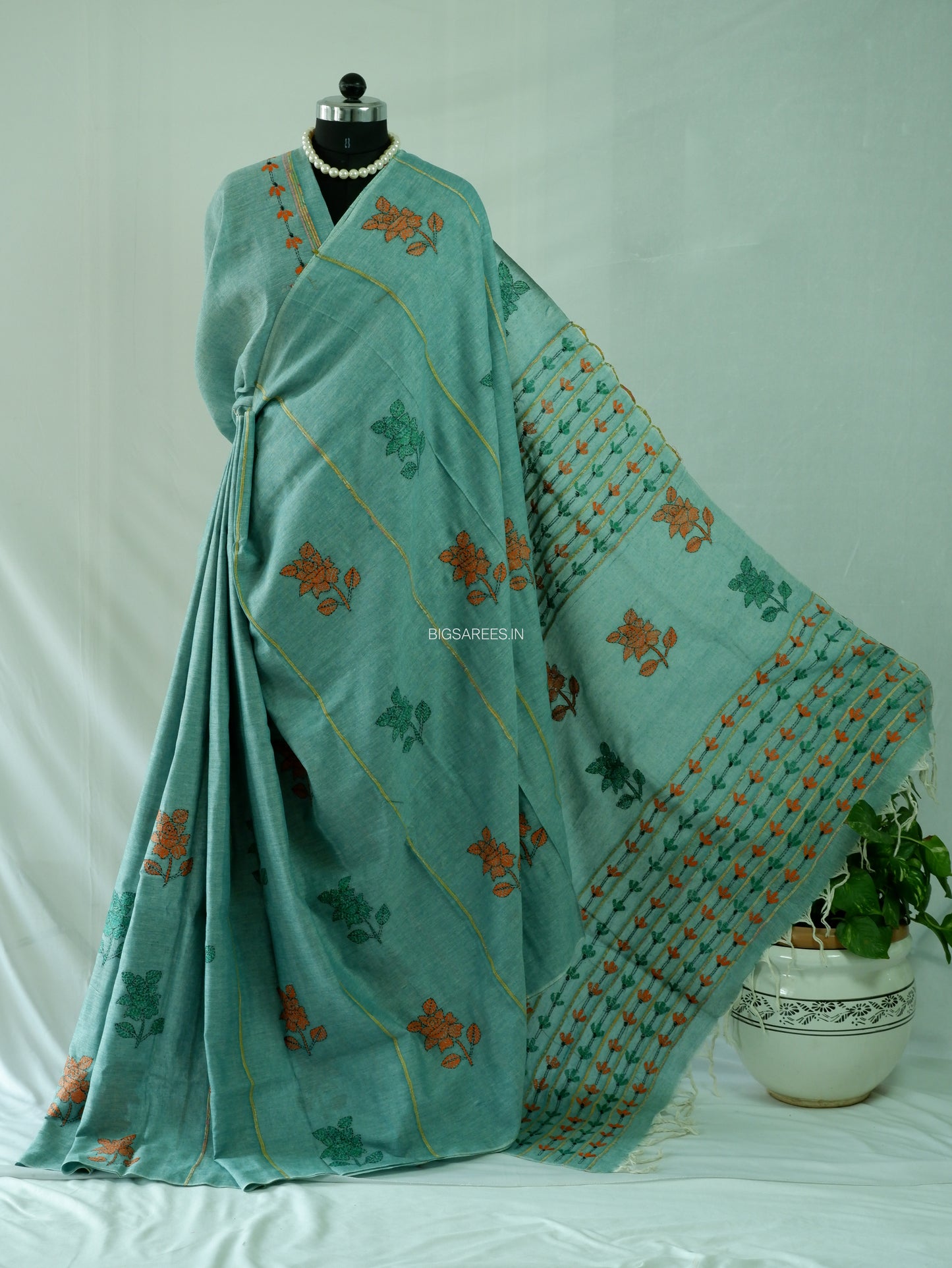 Kantha Stitch Hand-Embroidered Saree | Pure Khesh Cotton | Jade Green