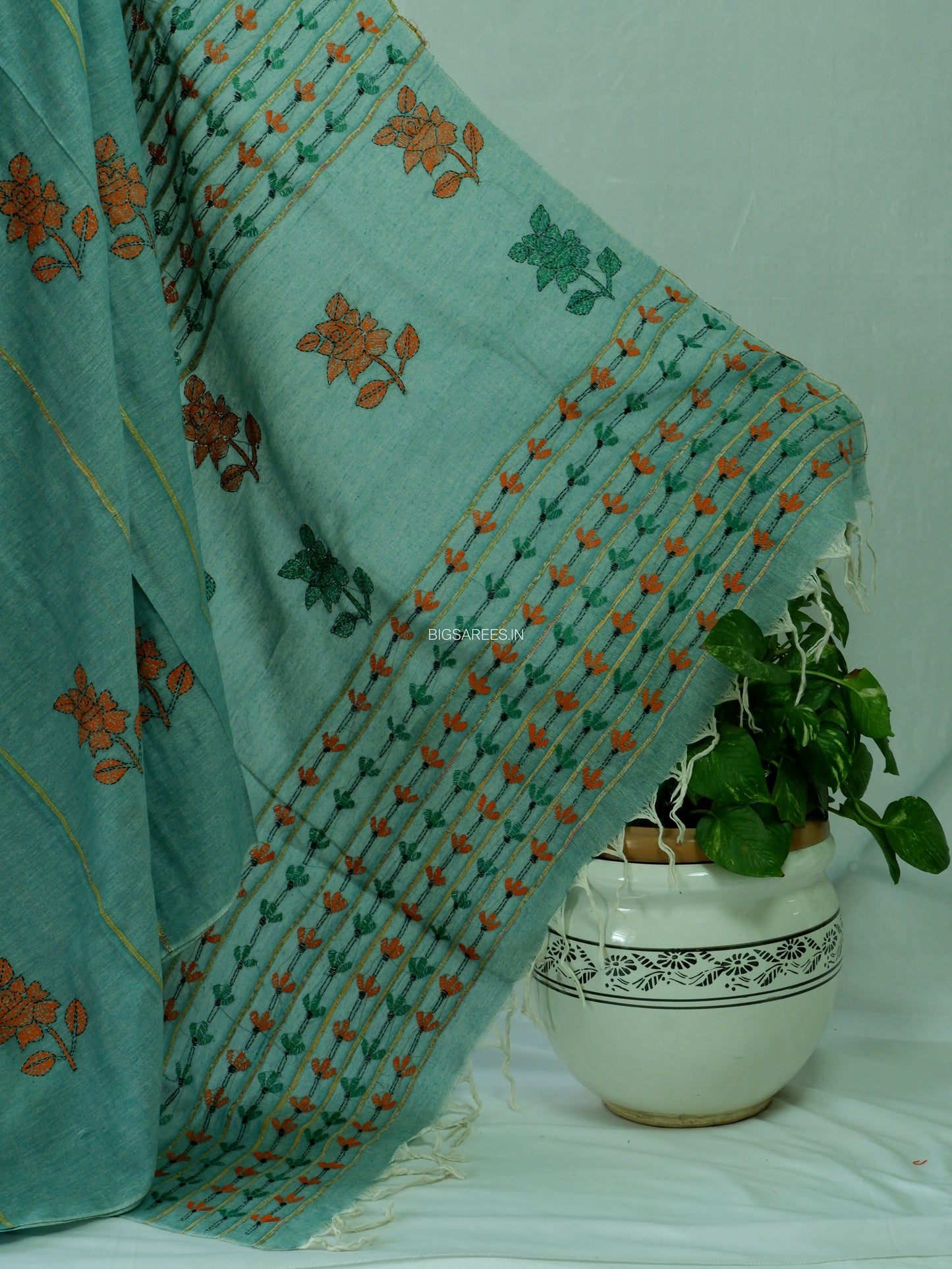 Kantha Stitch Hand-Embroidered Saree | Pure Khesh Cotton | Jade Green