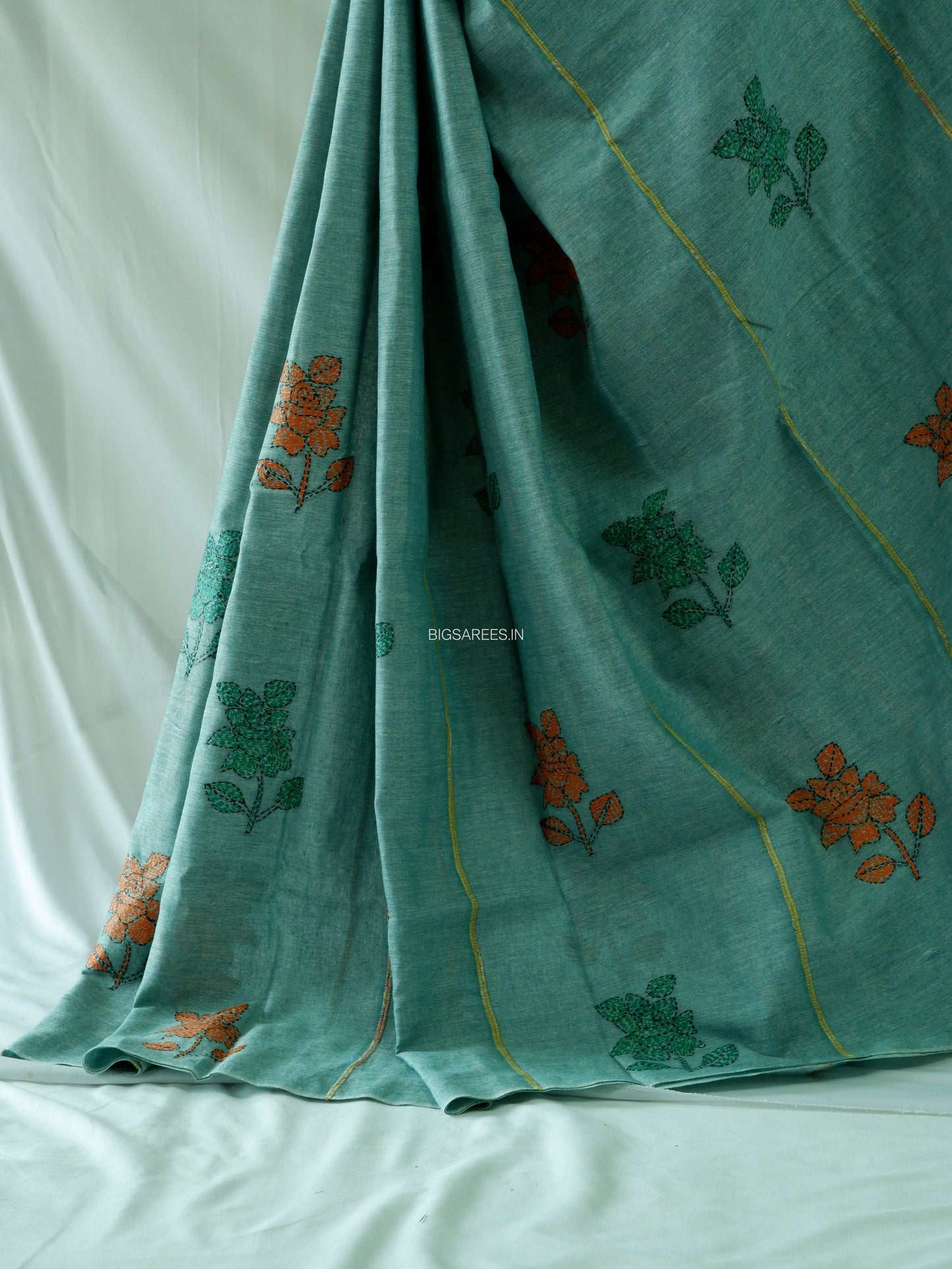 Kantha Stitch Hand-Embroidered Saree | Pure Khesh Cotton | Jade Green