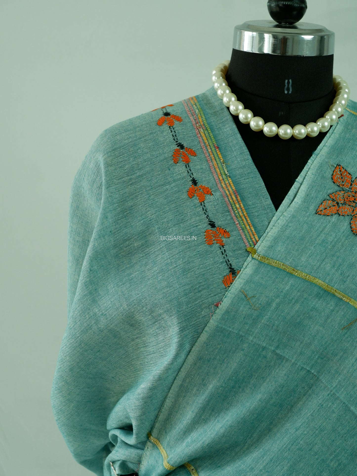 Kantha Stitch Hand-Embroidered Saree | Pure Khesh Cotton | Jade Green