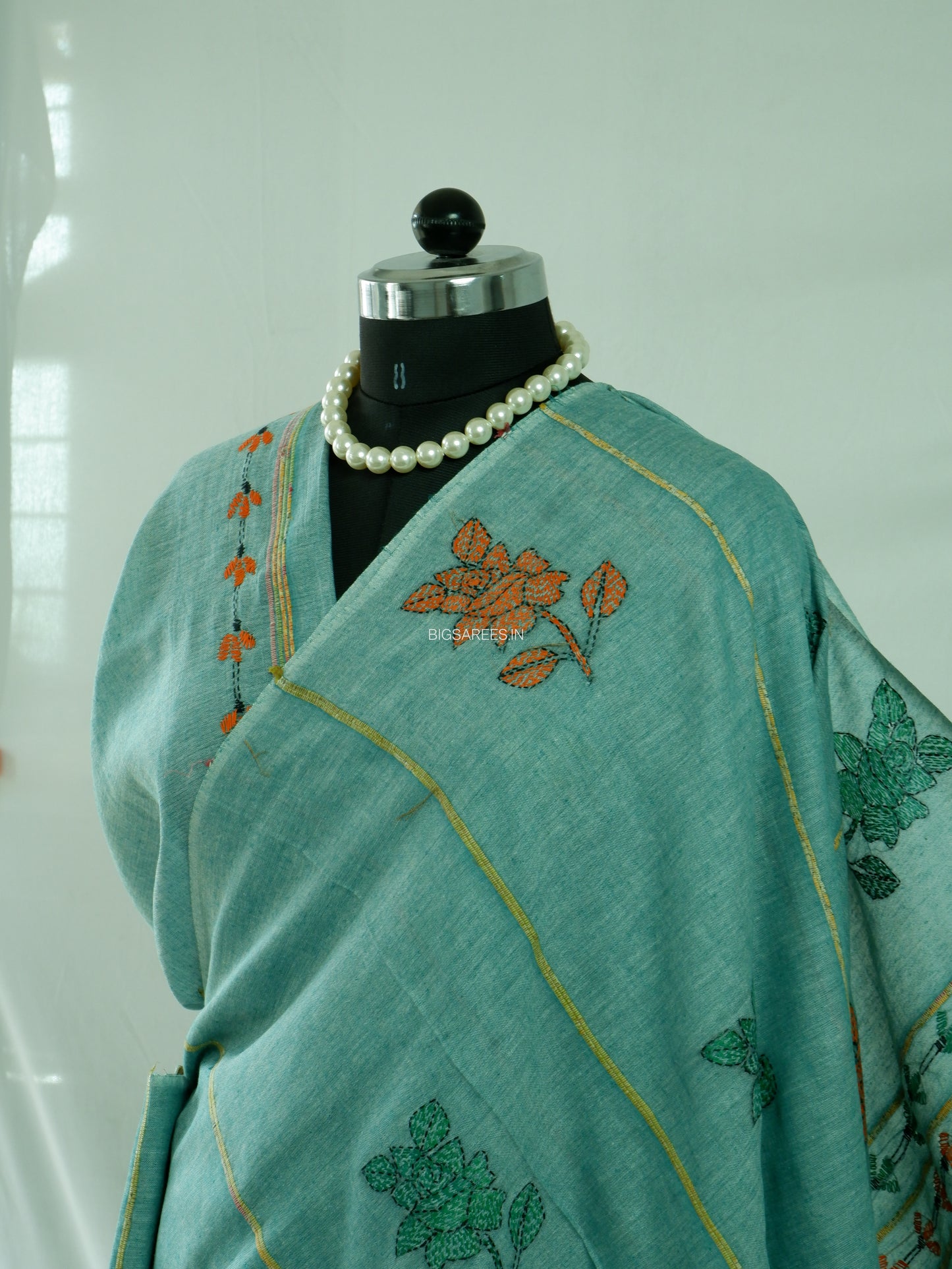 Kantha Stitch Hand-Embroidered Saree | Pure Khesh Cotton | Jade Green