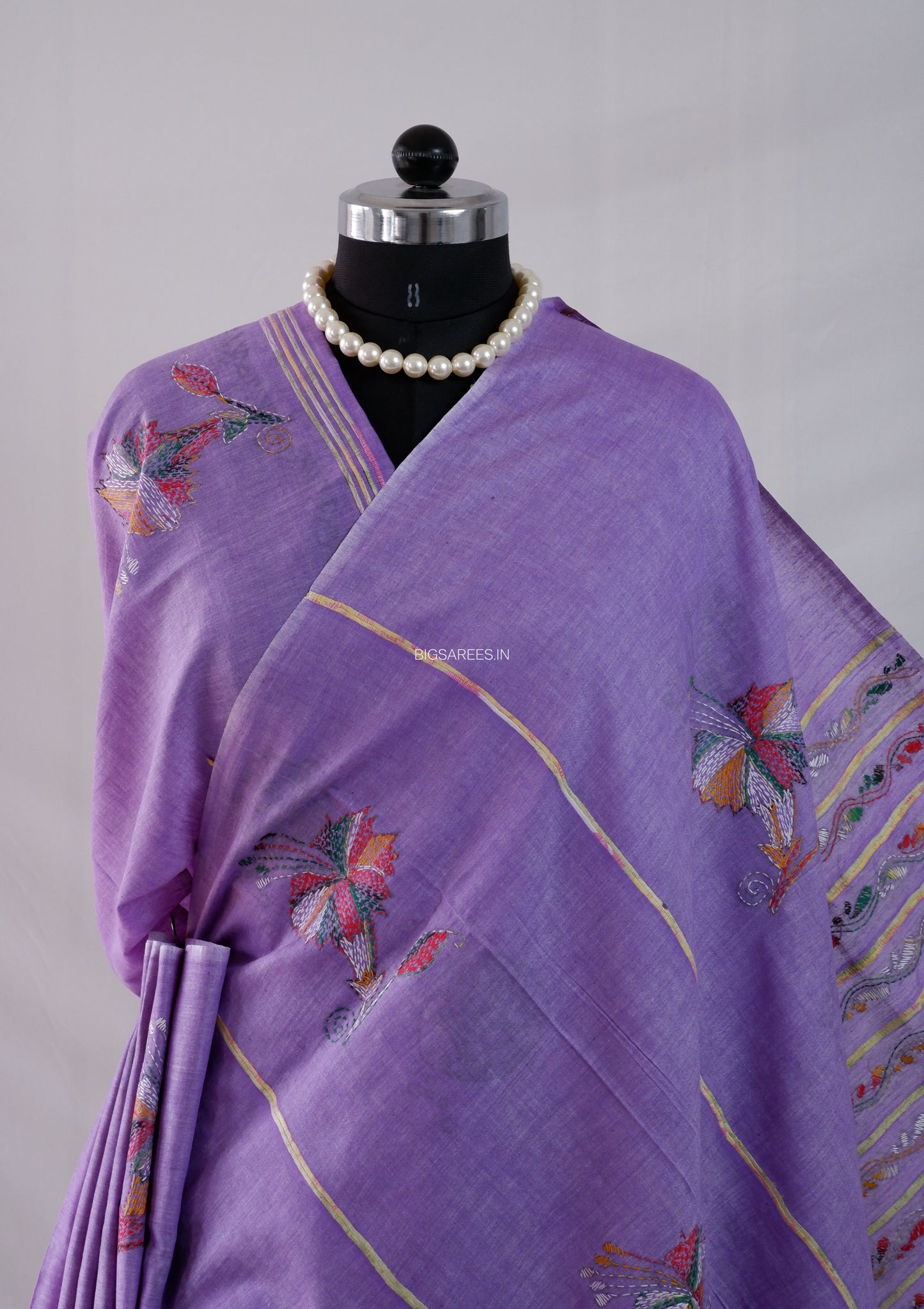 Kantha Stitch Hand-Embroidered Saree | Pure Khesh Cotton | Violet