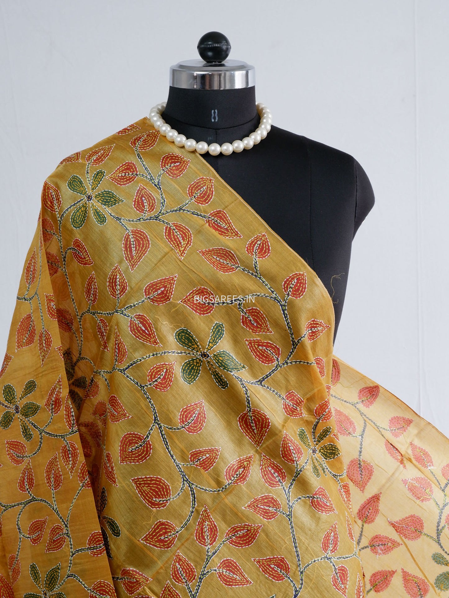 Kantha Hand-Embroidered Dupatta | Tussar Silk | Yellow