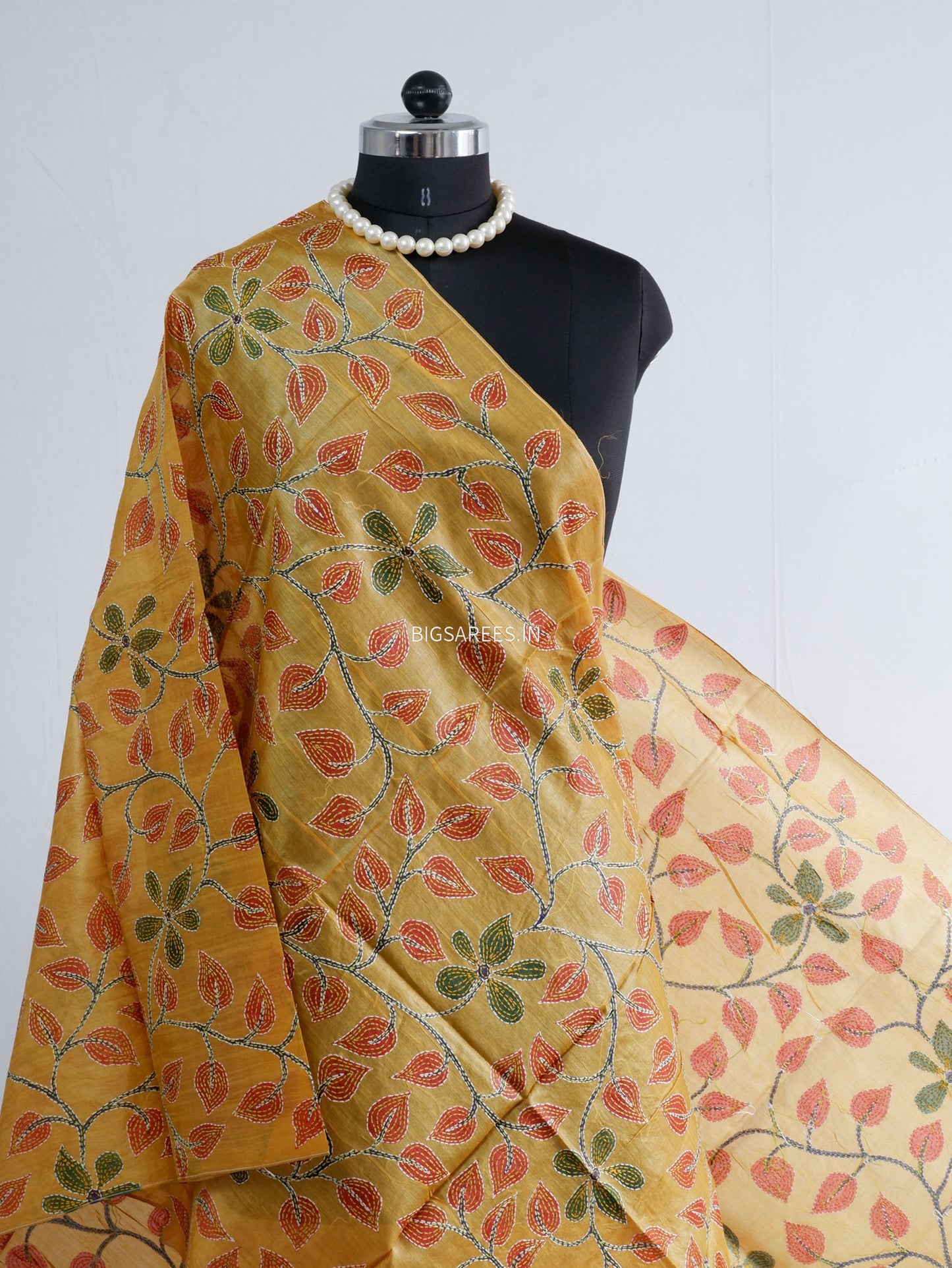 Kantha Hand-Embroidered Dupatta | Tussar Silk | Yellow
