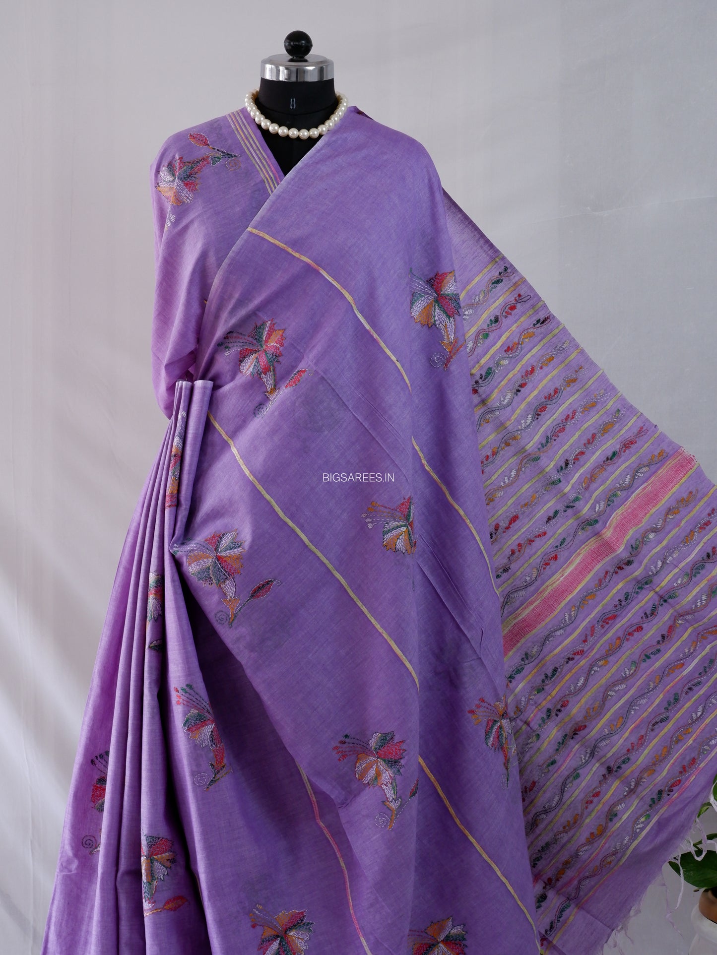 Kantha Stitch Hand-Embroidered Saree | Pure Khesh Cotton | Violet