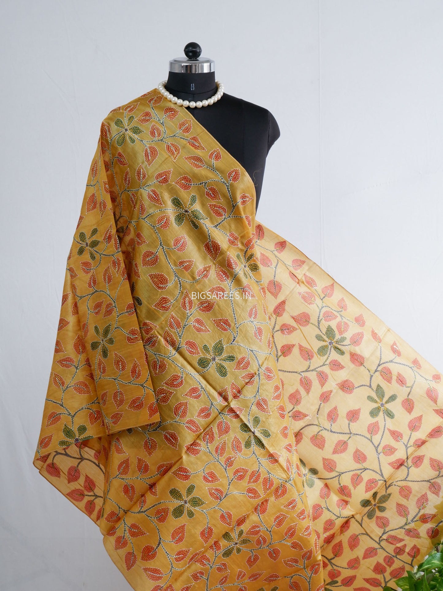 Kantha Hand-Embroidered Dupatta | Tussar Silk | Yellow