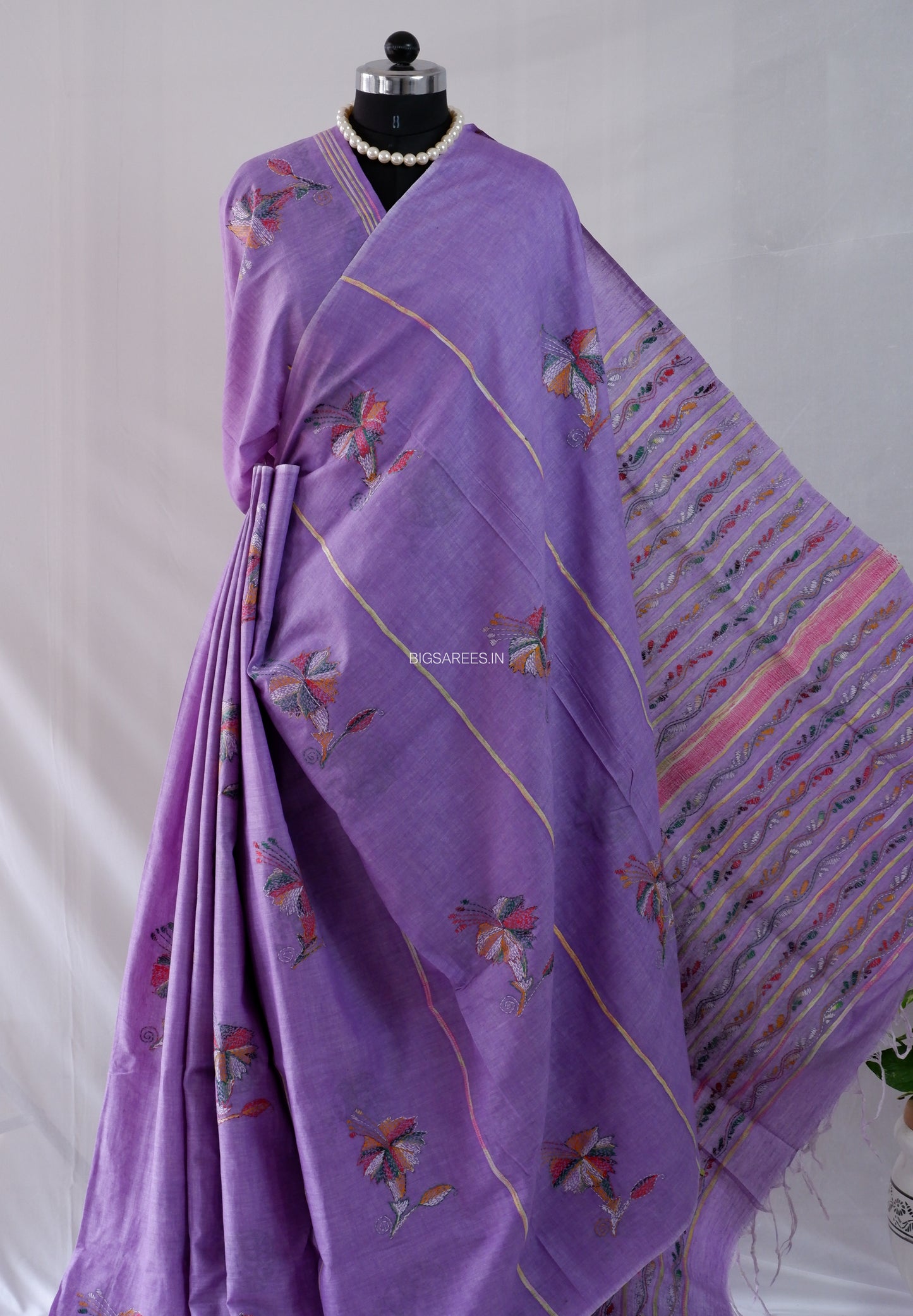 Kantha Stitch Hand-Embroidered Saree | Pure Khesh Cotton | Violet