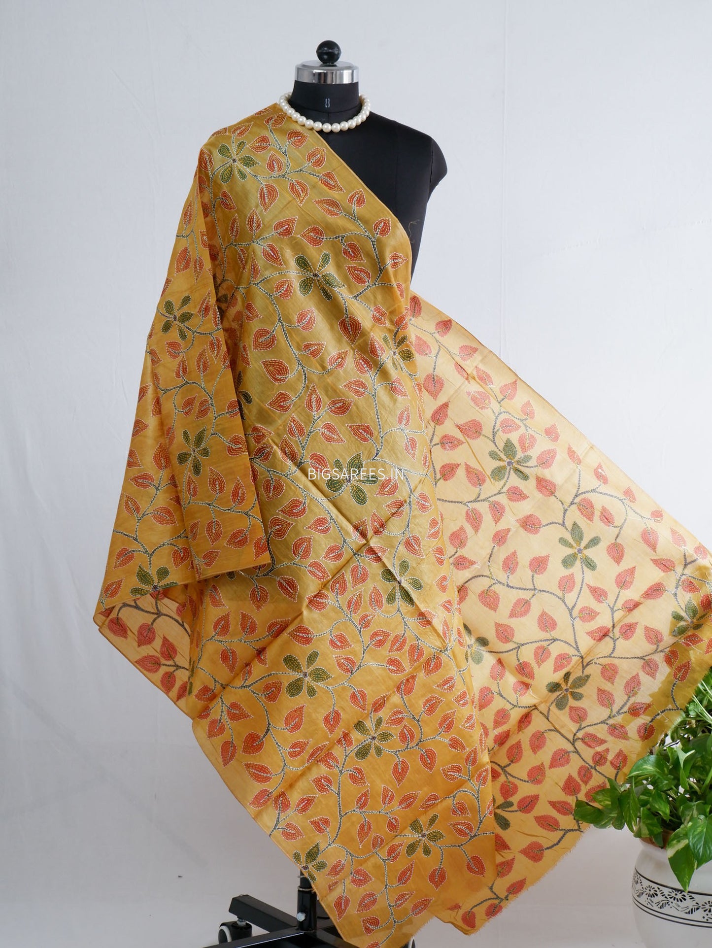 Kantha Hand-Embroidered Dupatta | Tussar Silk | Yellow