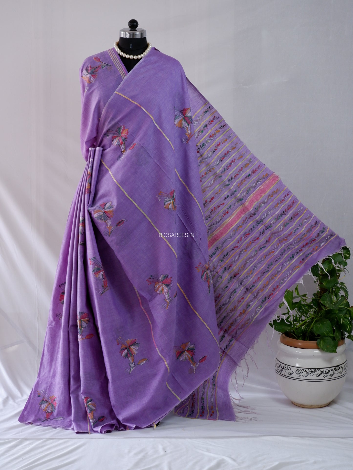 Kantha Stitch Hand-Embroidered Saree | Pure Khesh Cotton | Violet