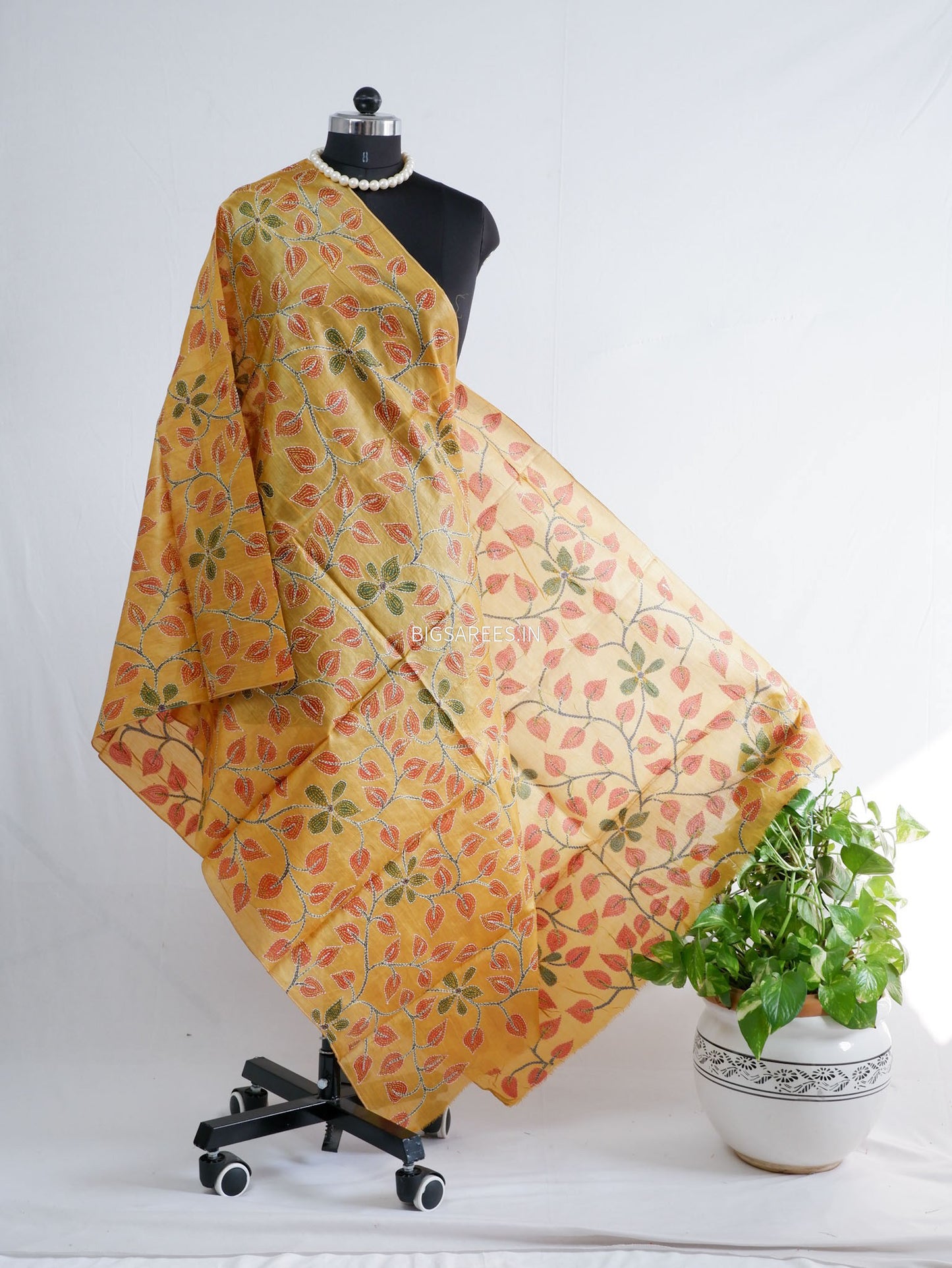 Kantha Hand-Embroidered Dupatta | Tussar Silk | Yellow