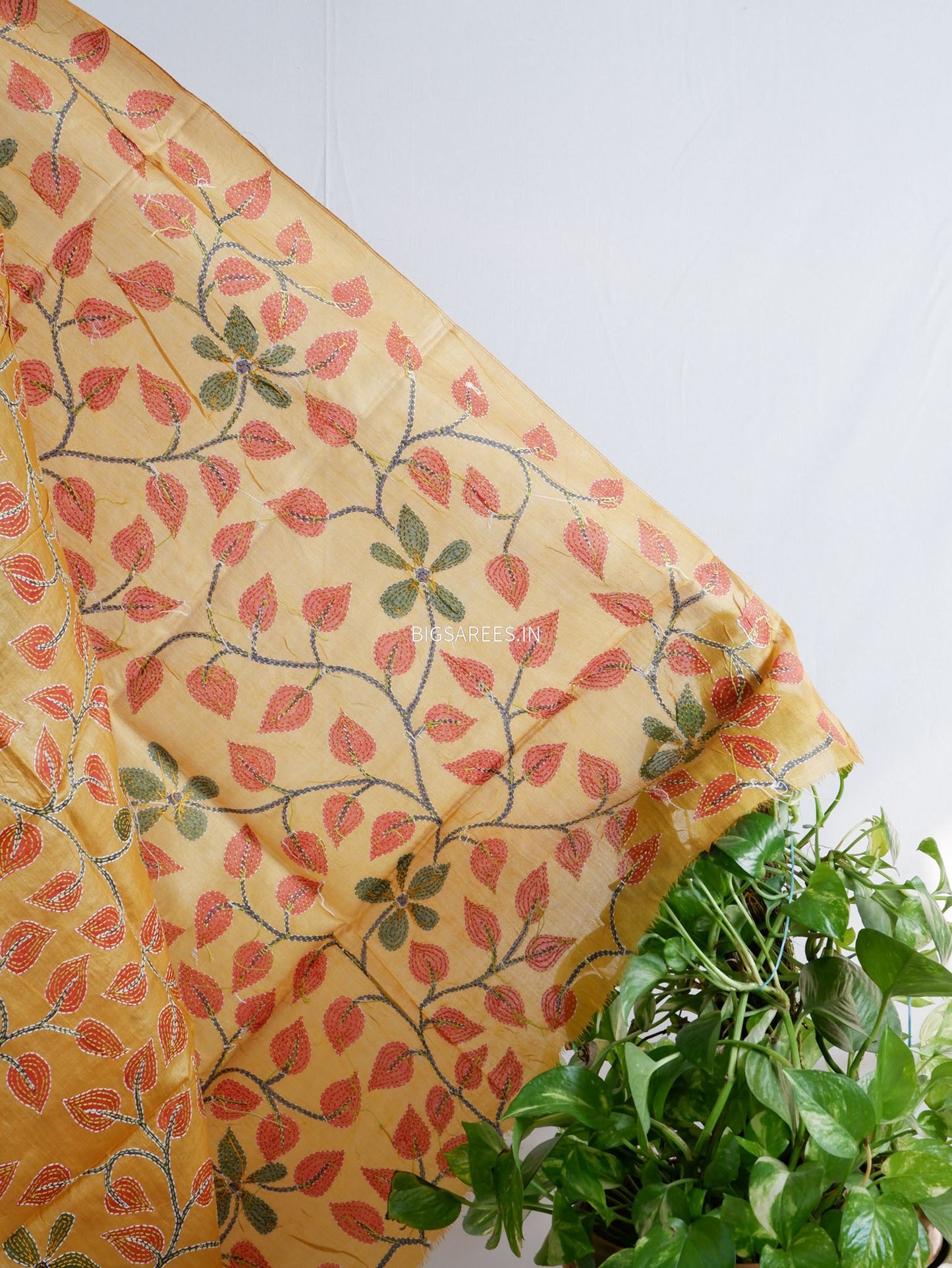 Kantha Hand-Embroidered Dupatta | Tussar Silk | Yellow