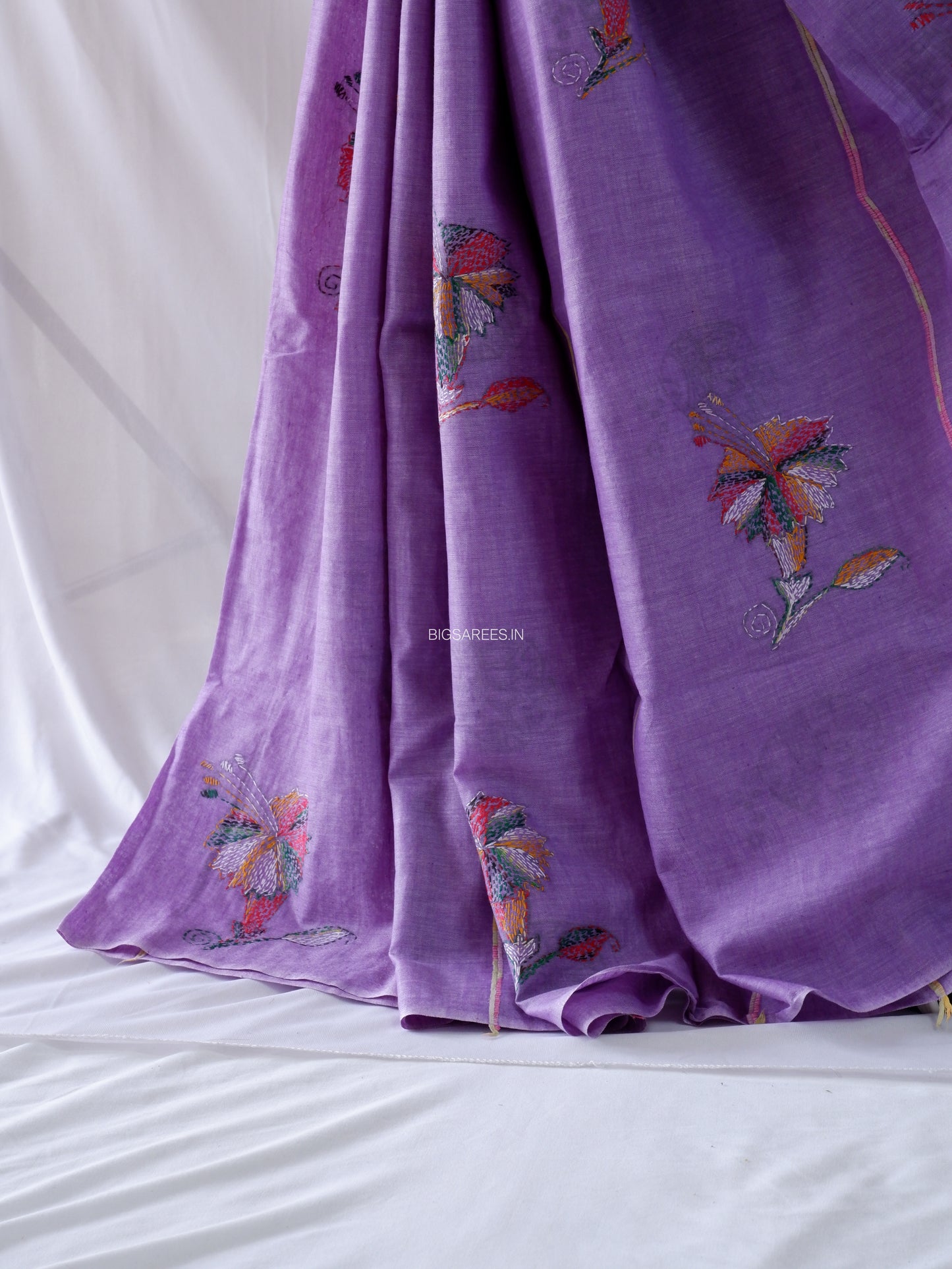 Kantha Stitch Hand-Embroidered Saree | Pure Khesh Cotton | Violet