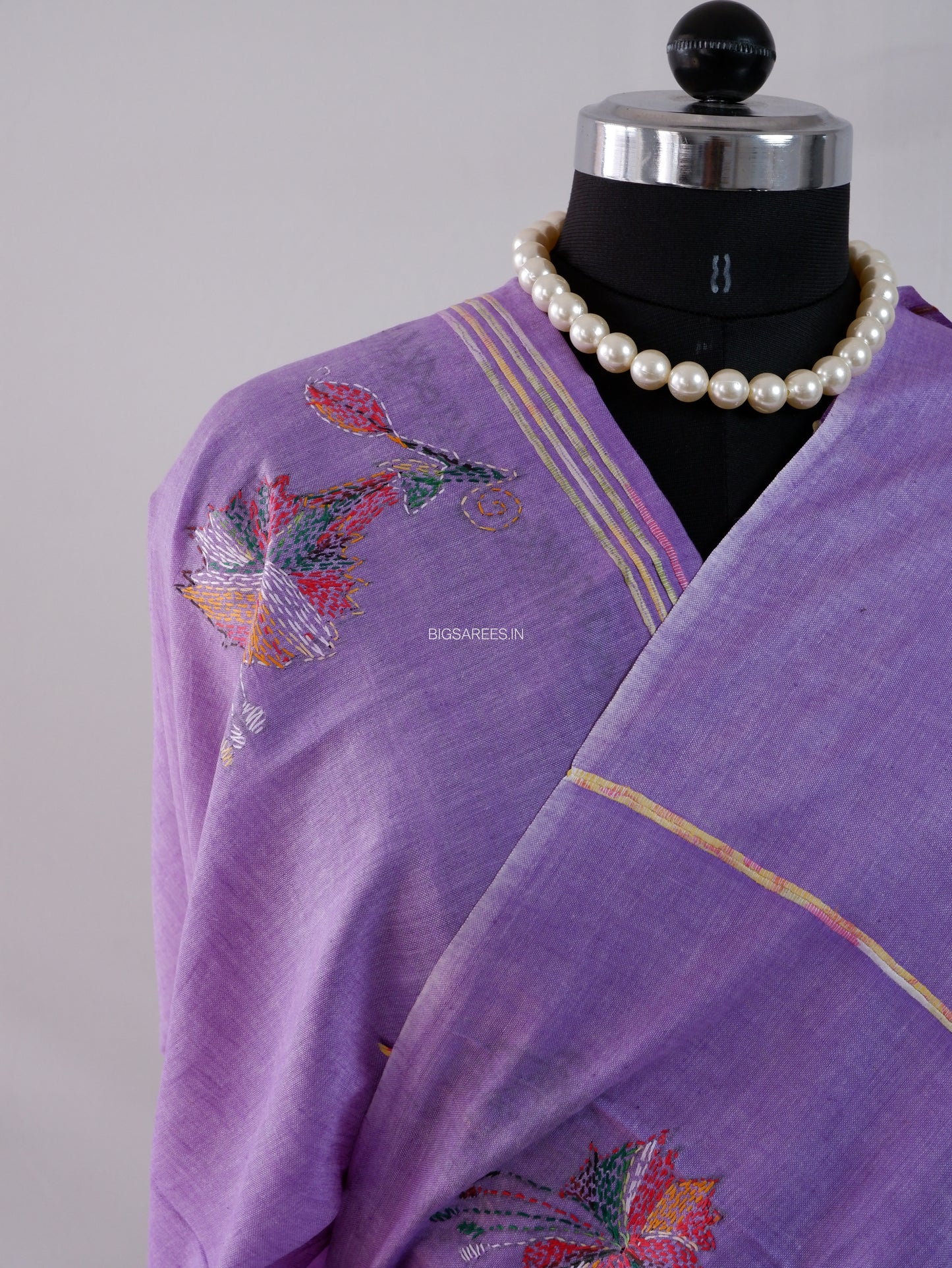 Kantha Stitch Hand-Embroidered Saree | Pure Khesh Cotton | Violet