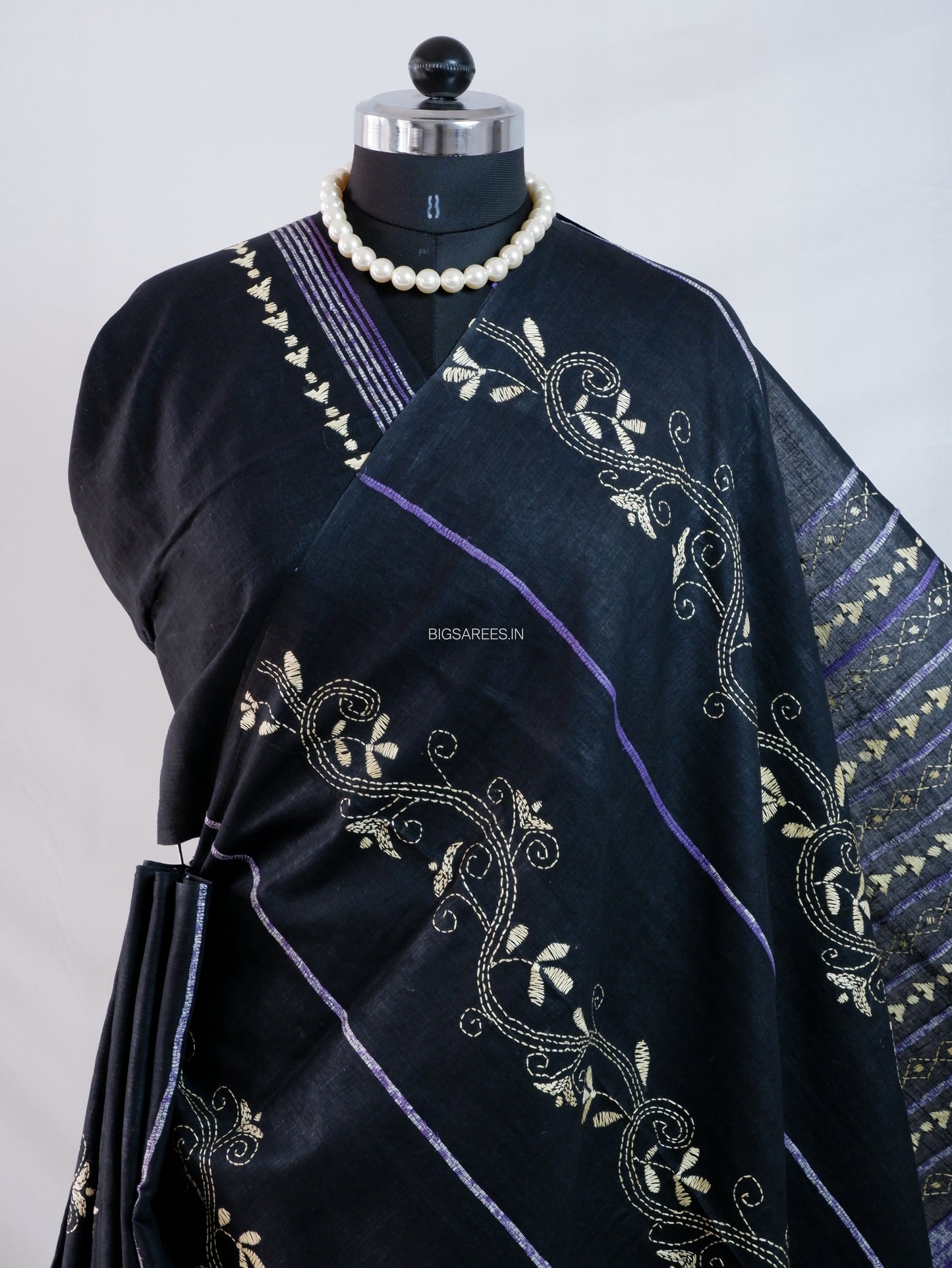 Kantha Stitch Hand-Embroidered Saree | Pure Khesh Cotton | Black
