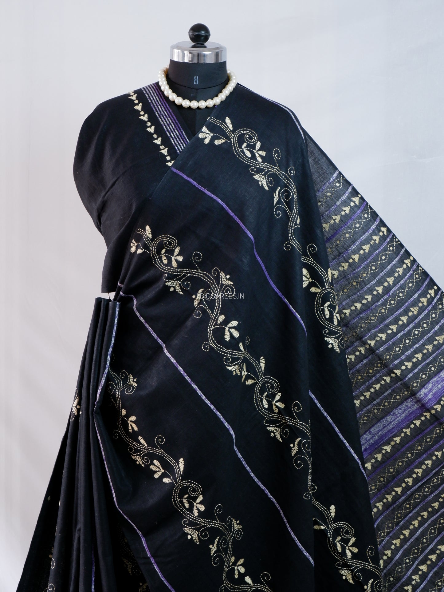 Kantha Stitch Hand-Embroidered Saree | Pure Khesh Cotton | Black