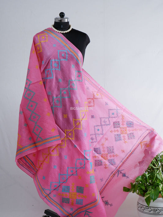 Kutchi Work Dupatta | Tussar Silk | Pink