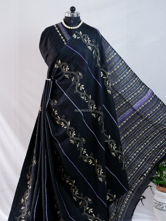Kantha Stitch Hand-Embroidered Saree | Pure Khesh Cotton | Black