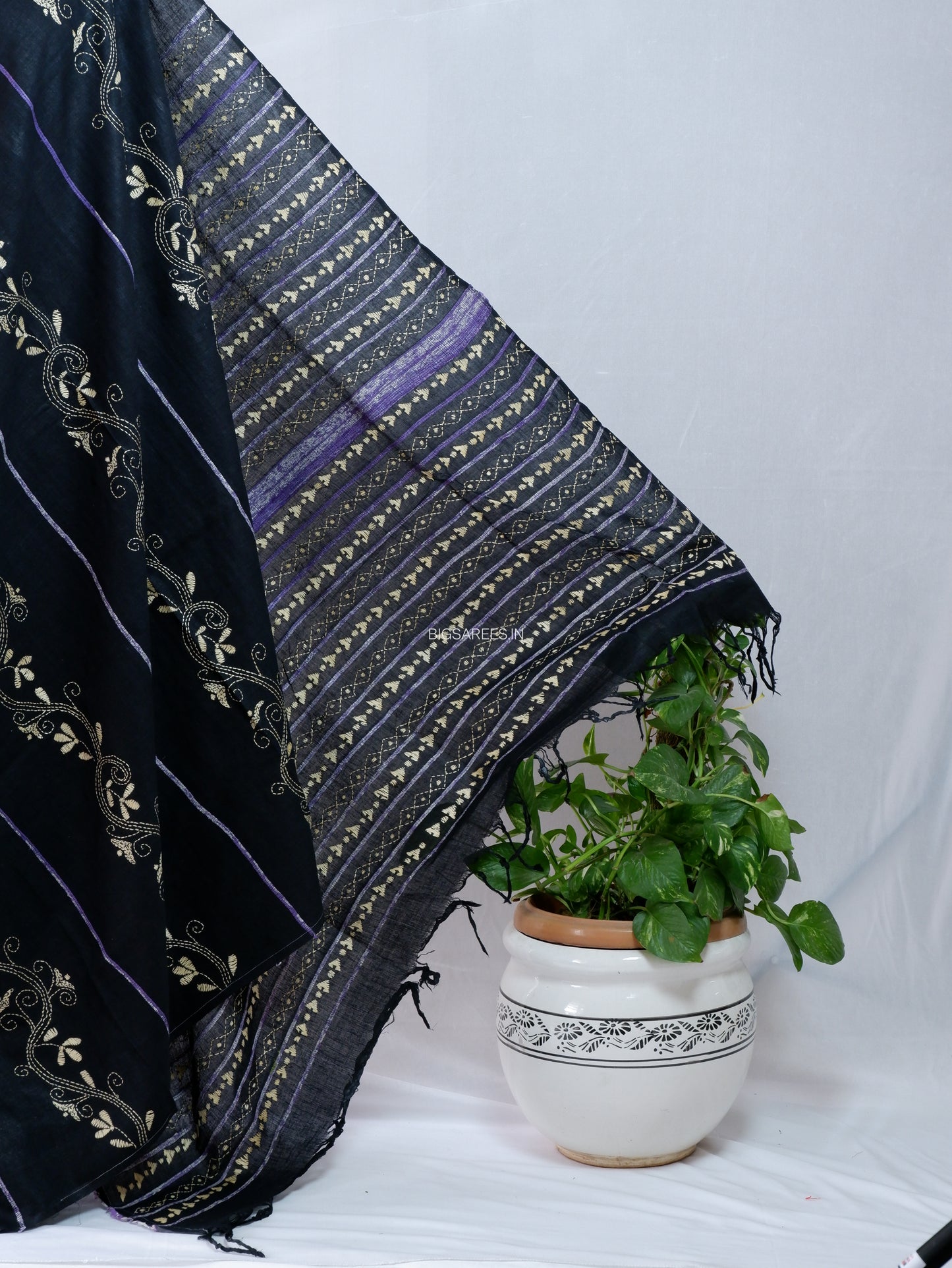 Kantha Stitch Hand-Embroidered Saree | Pure Khesh Cotton | Black