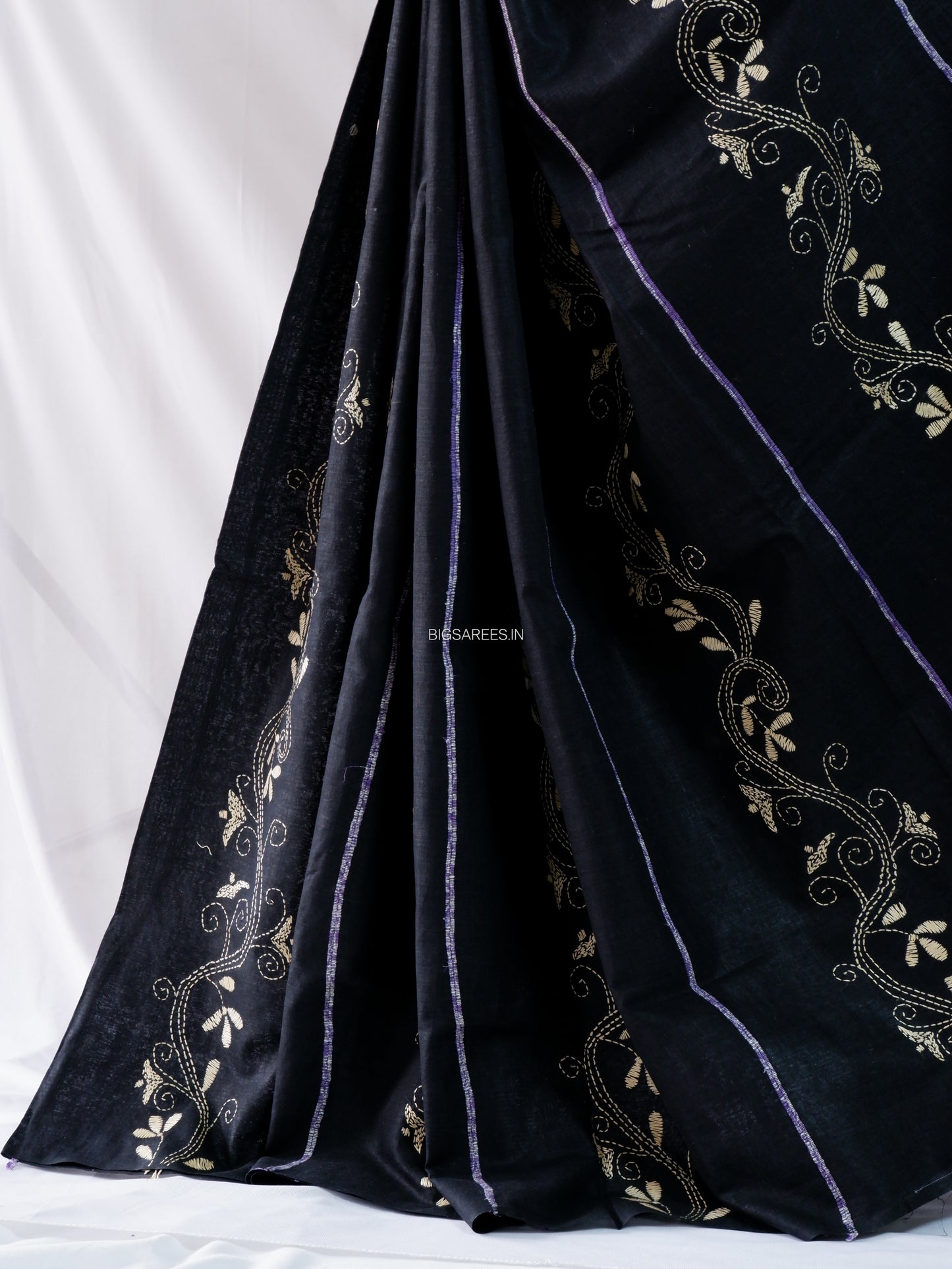 Kantha Stitch Hand-Embroidered Saree | Pure Khesh Cotton | Black