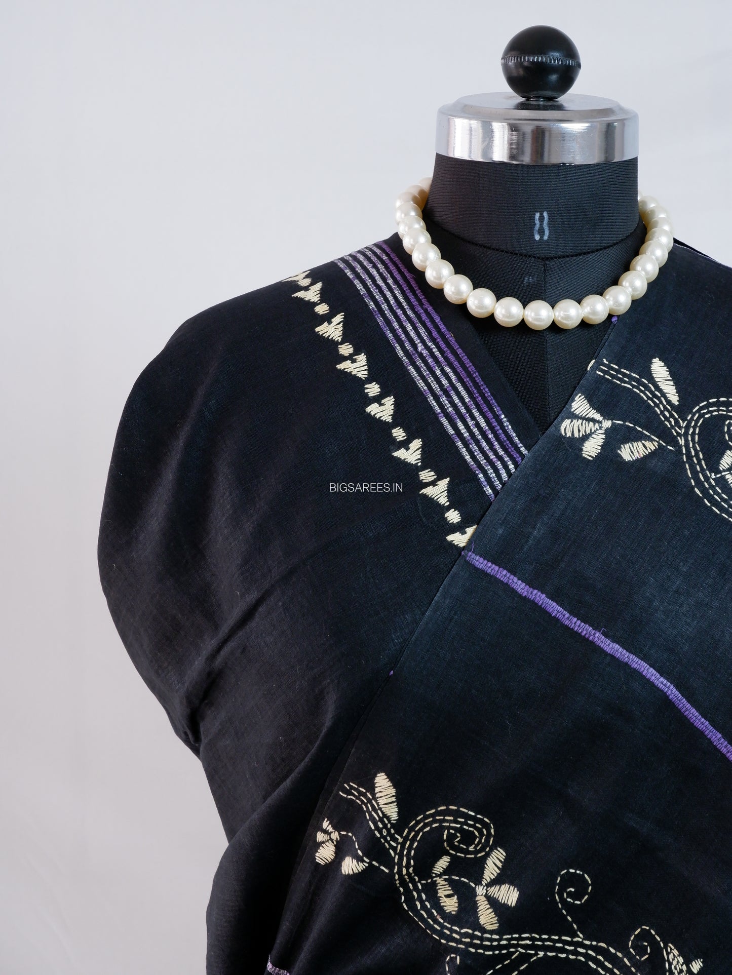 Kantha Stitch Hand-Embroidered Saree | Pure Khesh Cotton | Black
