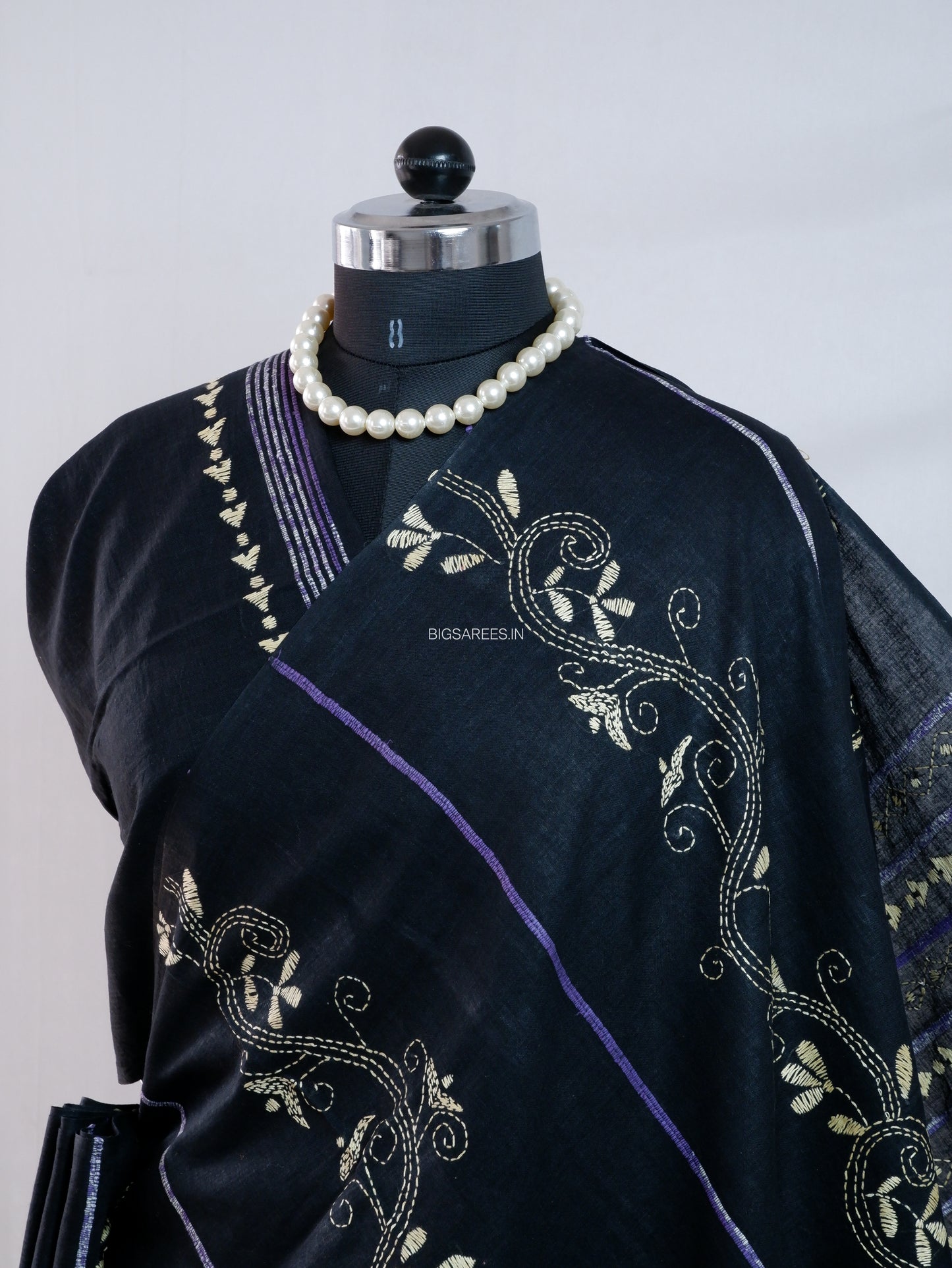 Kantha Stitch Hand-Embroidered Saree | Pure Khesh Cotton | Black
