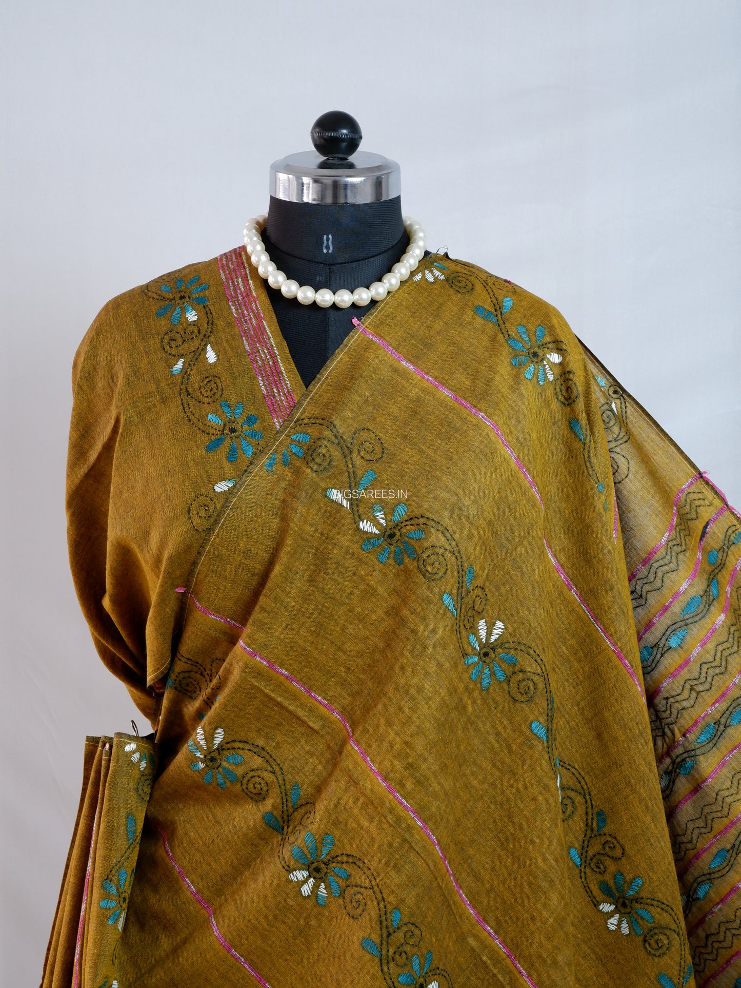 Kantha Stitch Hand-Embroidered Saree | Pure Khesh Cotton | Olive Brown