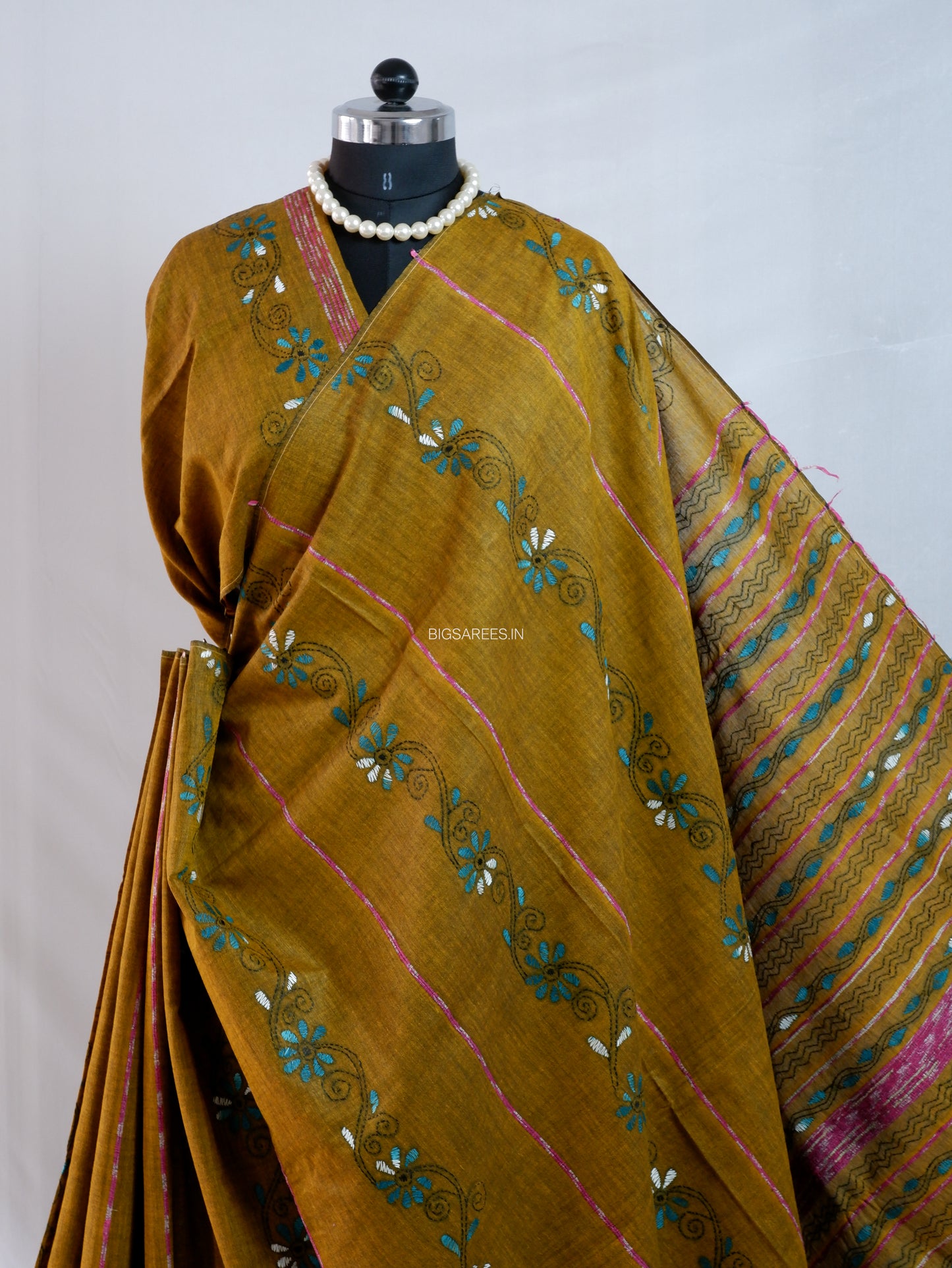 Kantha Stitch Hand-Embroidered Saree | Pure Khesh Cotton | Olive Brown