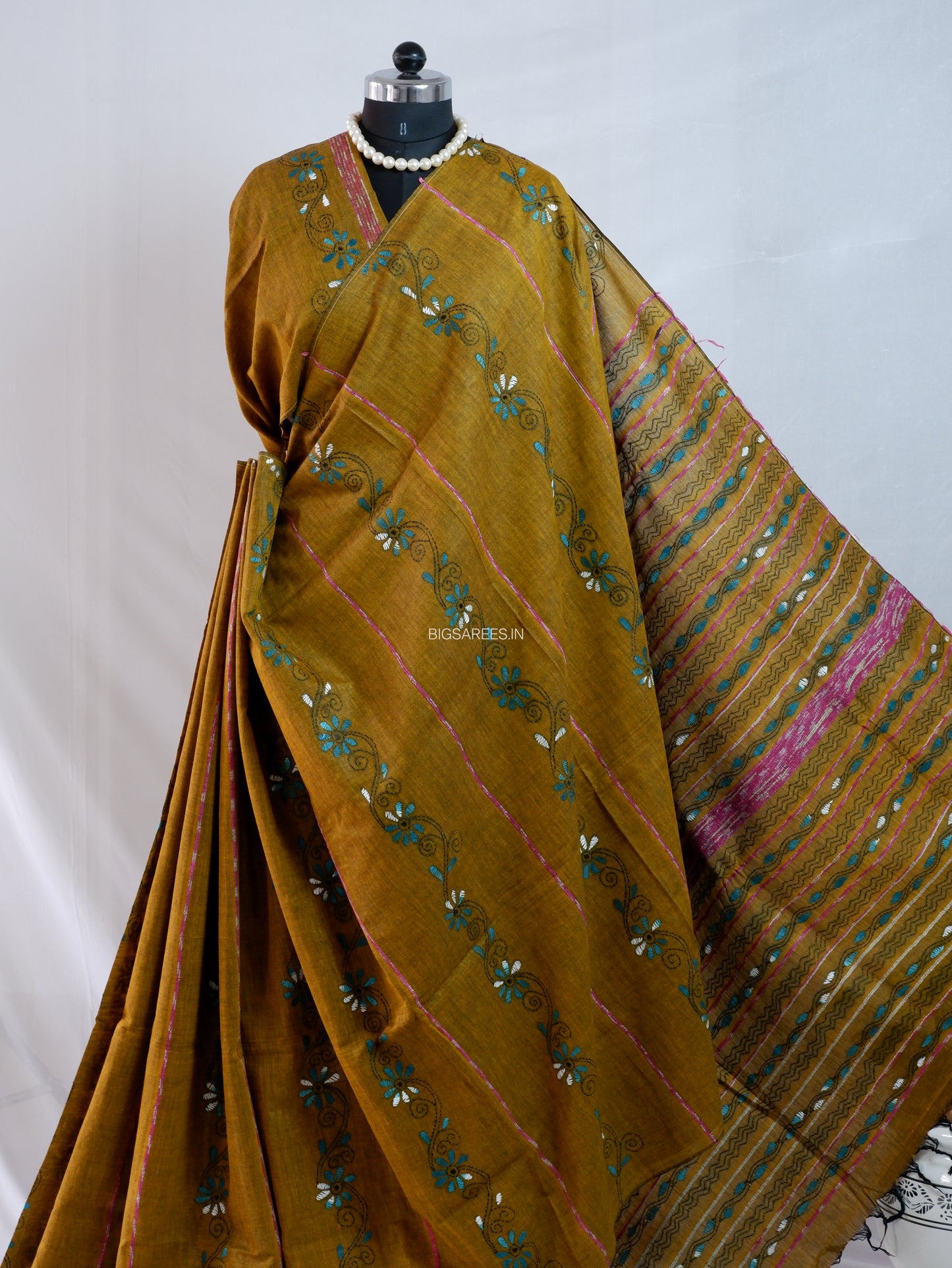 Kantha Stitch Hand-Embroidered Saree | Pure Khesh Cotton | Olive Brown