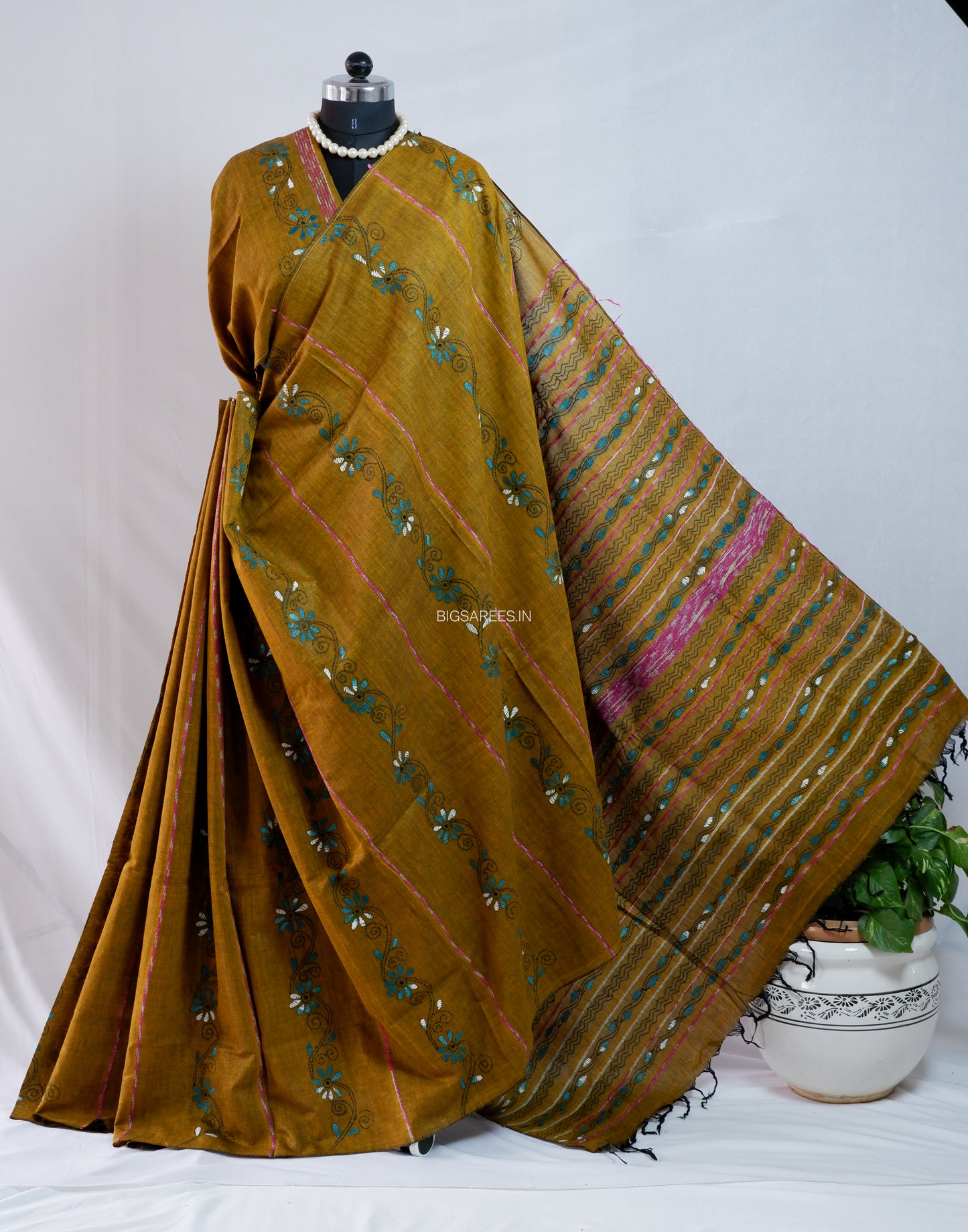Kantha Stitch Hand-Embroidered Saree | Pure Khesh Cotton | Olive Brown