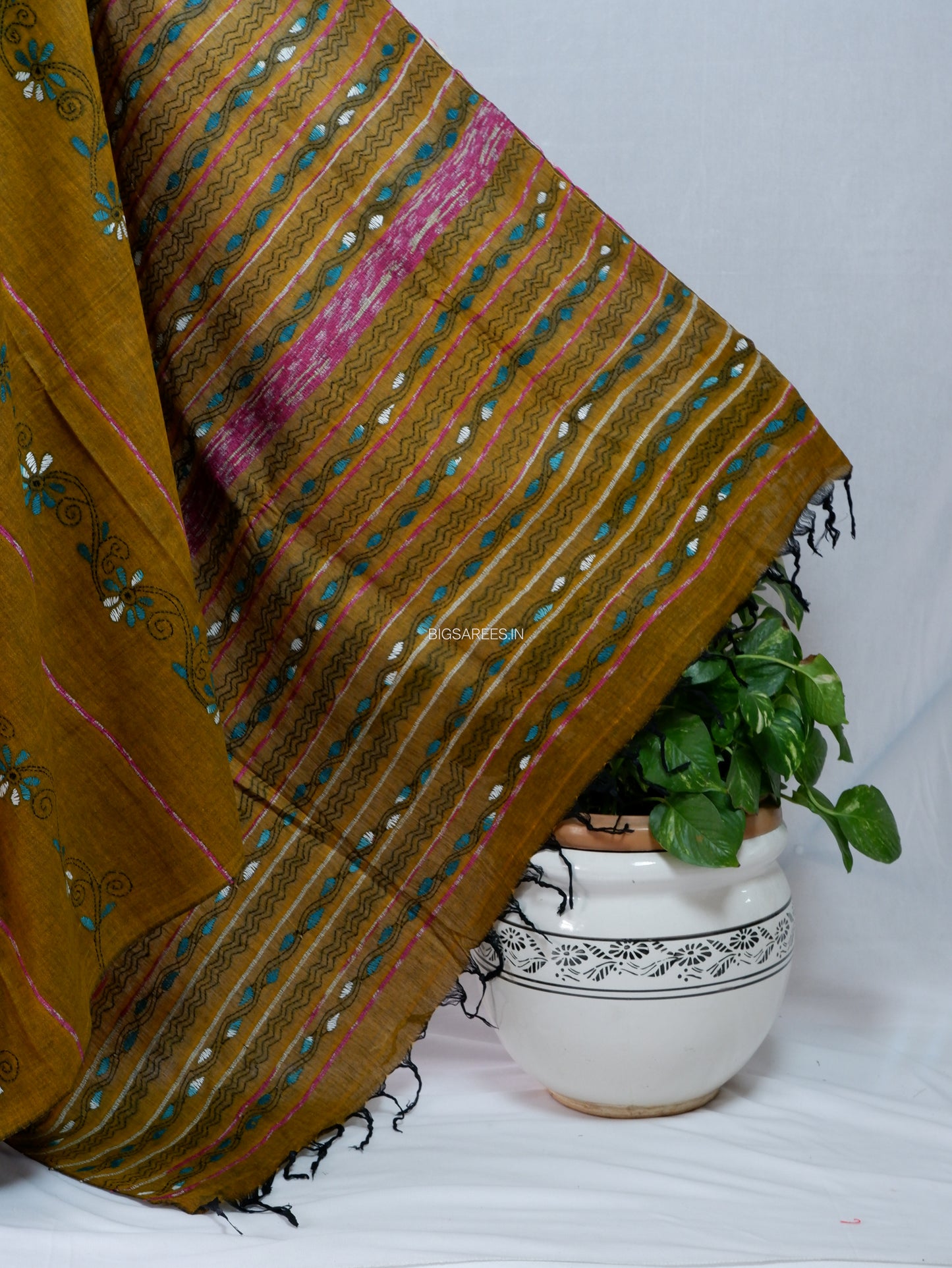 Kantha Stitch Hand-Embroidered Saree | Pure Khesh Cotton | Olive Brown